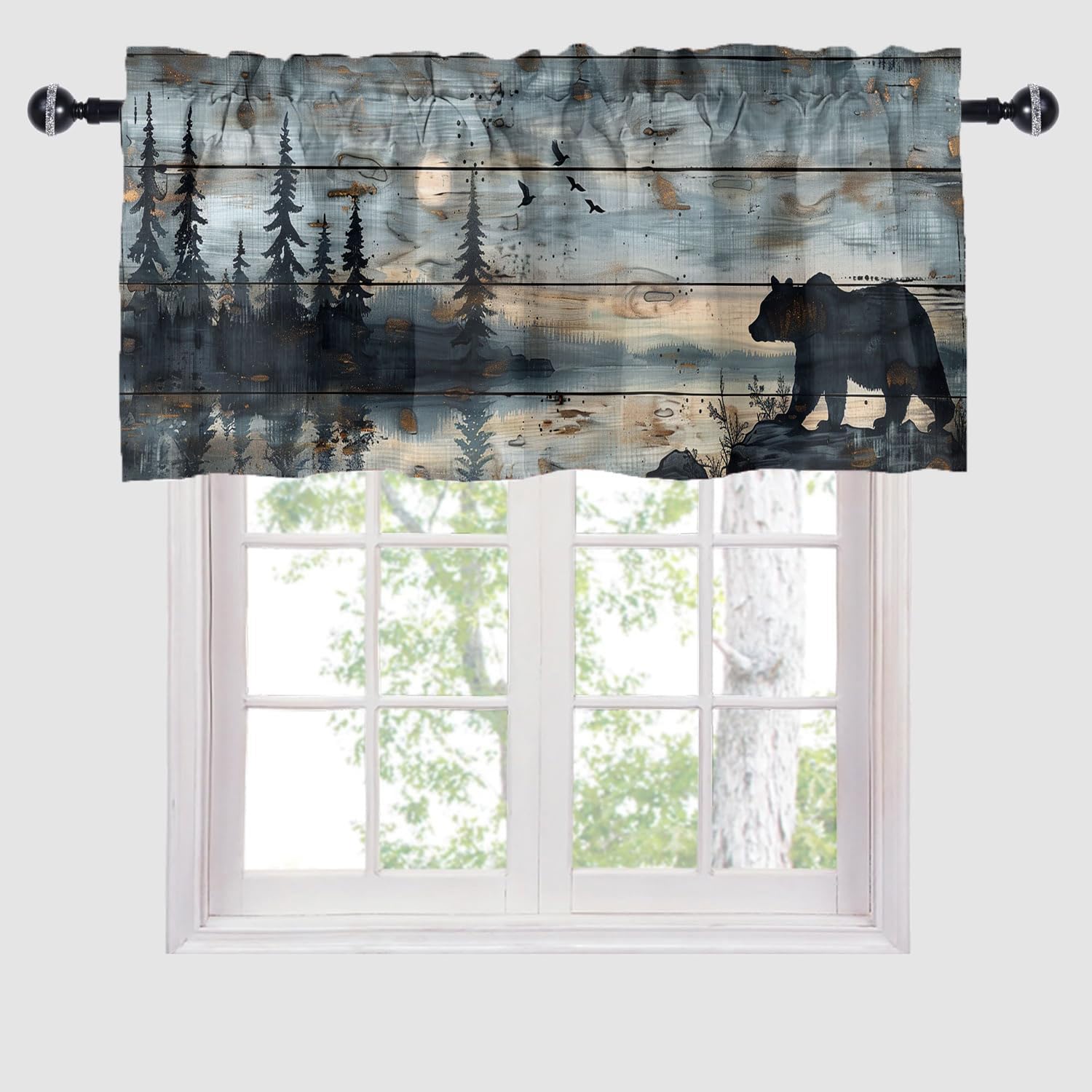XZFORMFINA Rustic Cabin Bear Printed Window Curtains Valances Vintage Wooden Board Forest Wild Animal Window Curtain Valances for Kitchen Bedroom