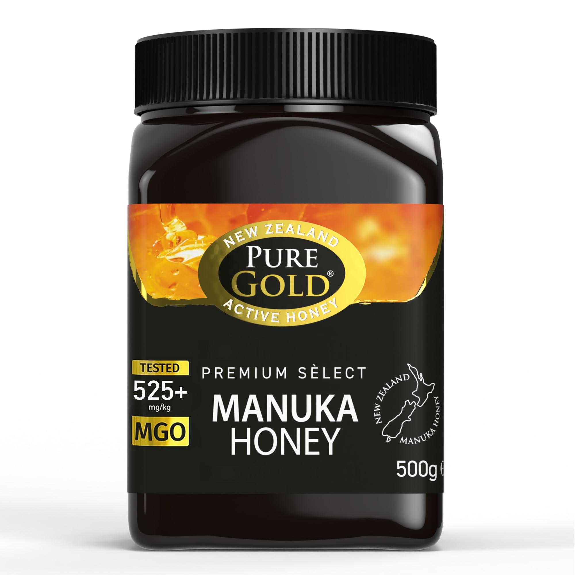 Pure Gold Manuka-Honig 525+ 500 g, Honig aus Neuseeland, im Kunststoffbehälter, MBO-zertifiziert und nach MPI-Standards
