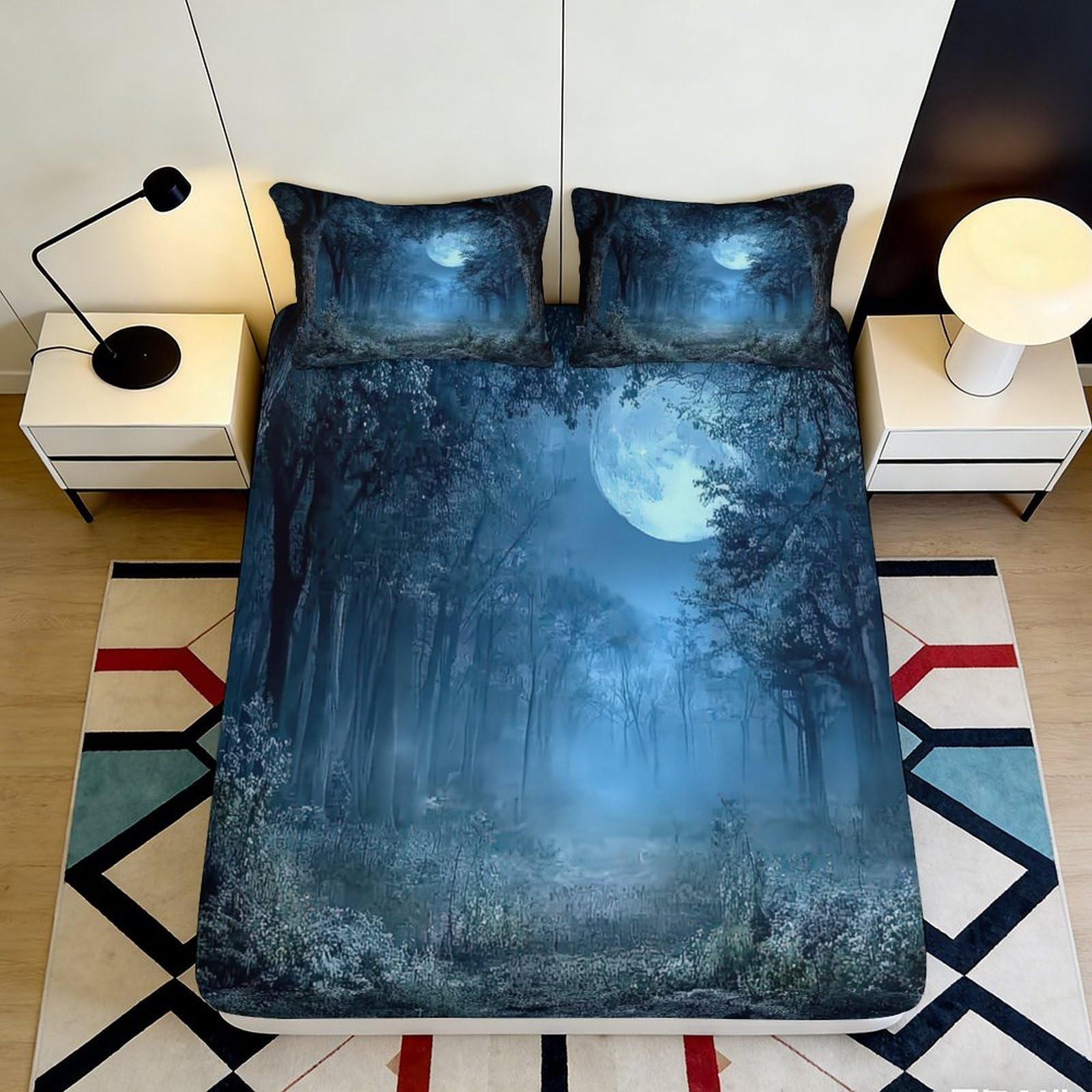3D Printed Moonlit Forest Fitted Sheet Microfiber Soft Breathable Night Woods Bed Cover for Bedroom Guest Room Decor 90x200x25cm