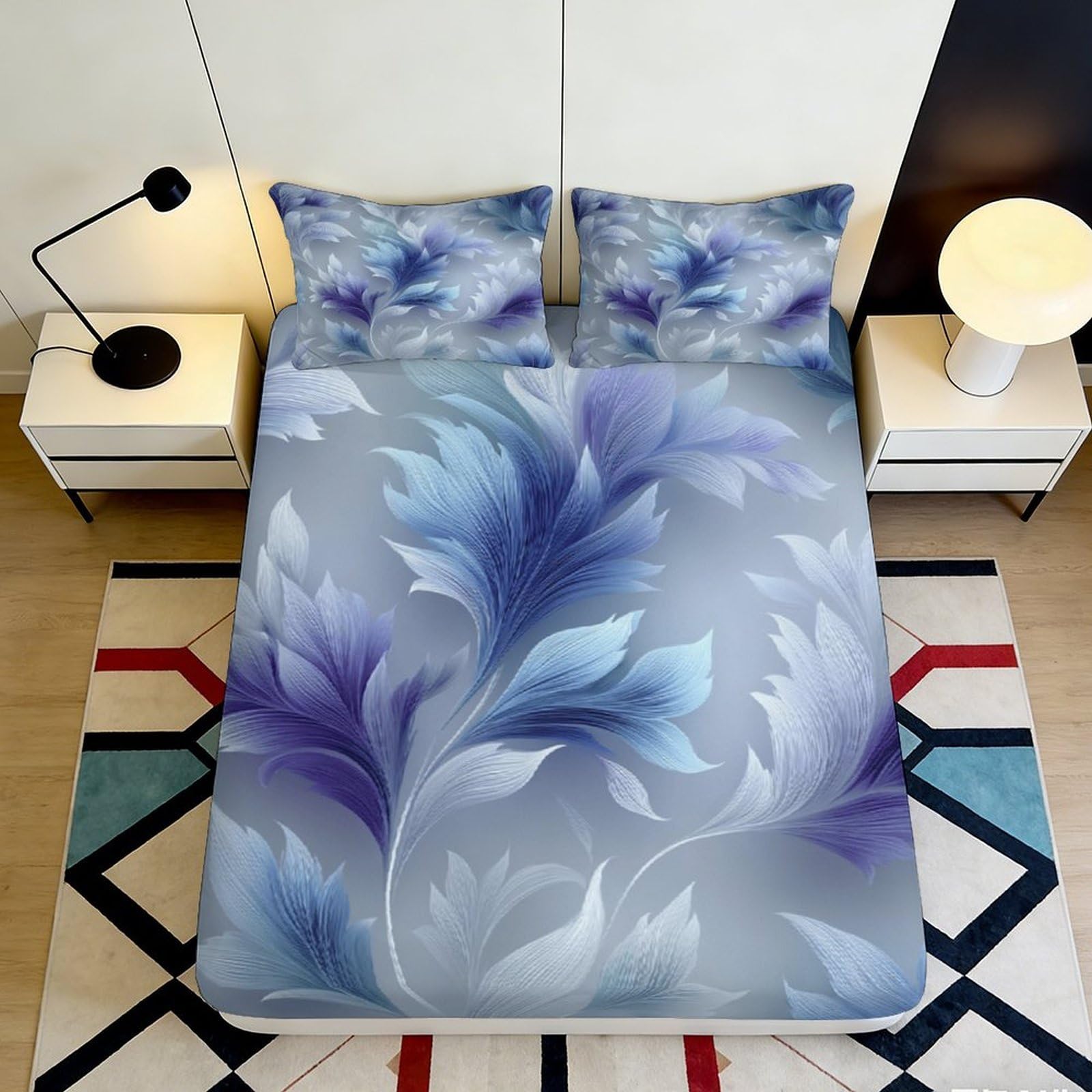 3D Printed Blue Feather Fitted Sheet Microfiber Soft Mattress Cover for Bedroom Dorm Modern Leaf Art Decor 90x200x25cm