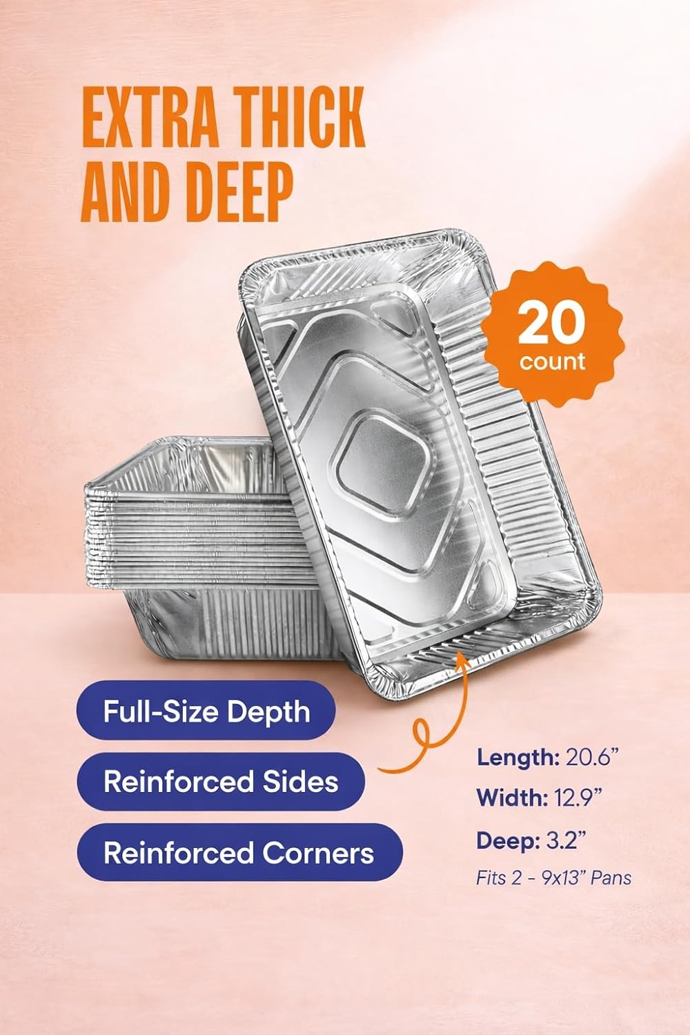 PRIME BASICS Aluminum Pans Full Size, Large Disposable Roasting & Baking Pan, 21"x13" Deep Foil Pans (20 Pack) Extra Heavy Duty Chafing Trays for Hotels, Restaurants, Caterers, Steam Table, Buffets.
