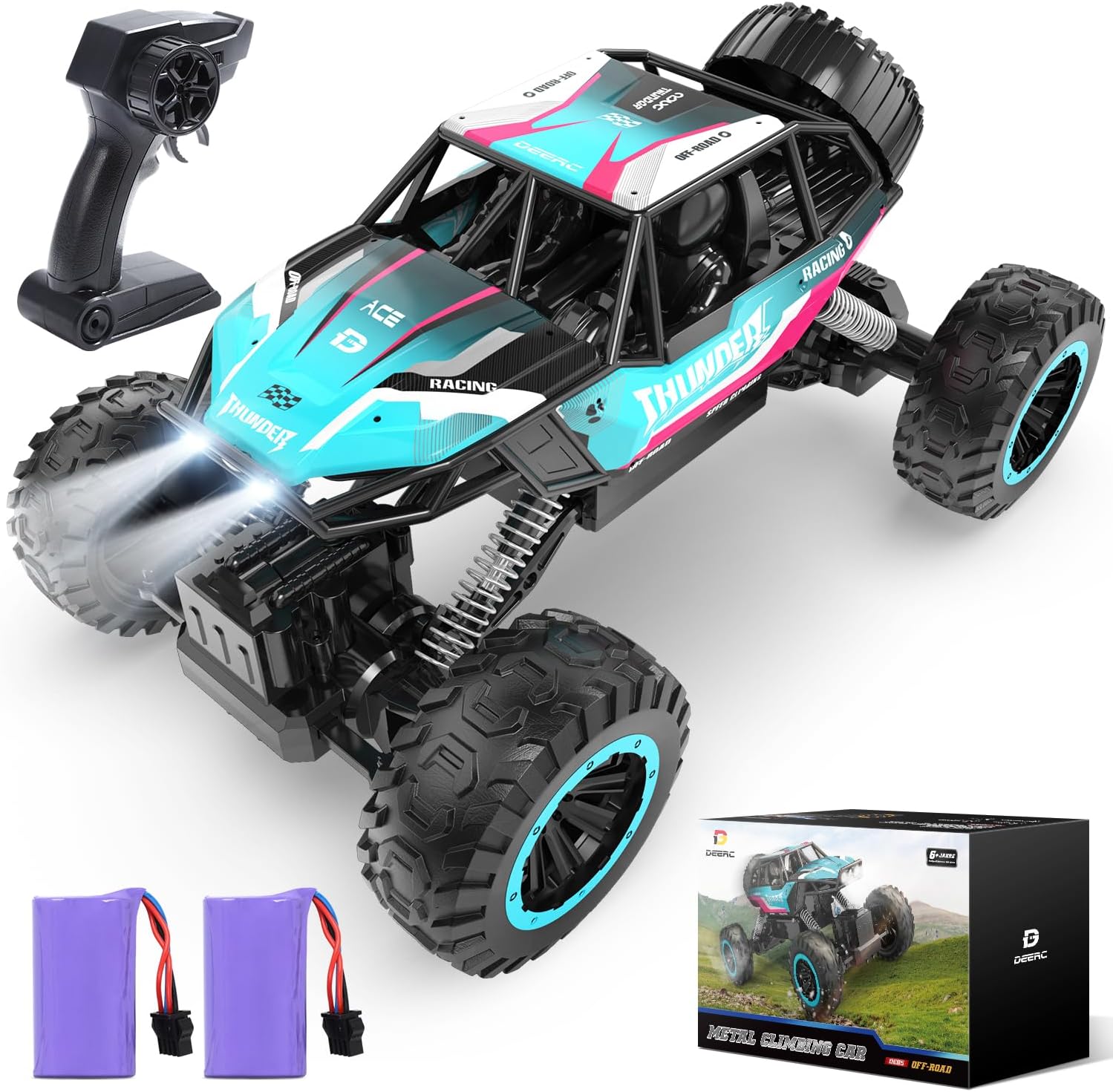 DEERC 1:12 Remote Control Car with Metal Shell, 4WD Off Road Monster Truck, Dual Motors LED Headlight RC Rock Crawler, 2.4Ghz All Terrain Hobby RC Cars Toys for Boys Kids Adults Gifts (W/2 Batteries)