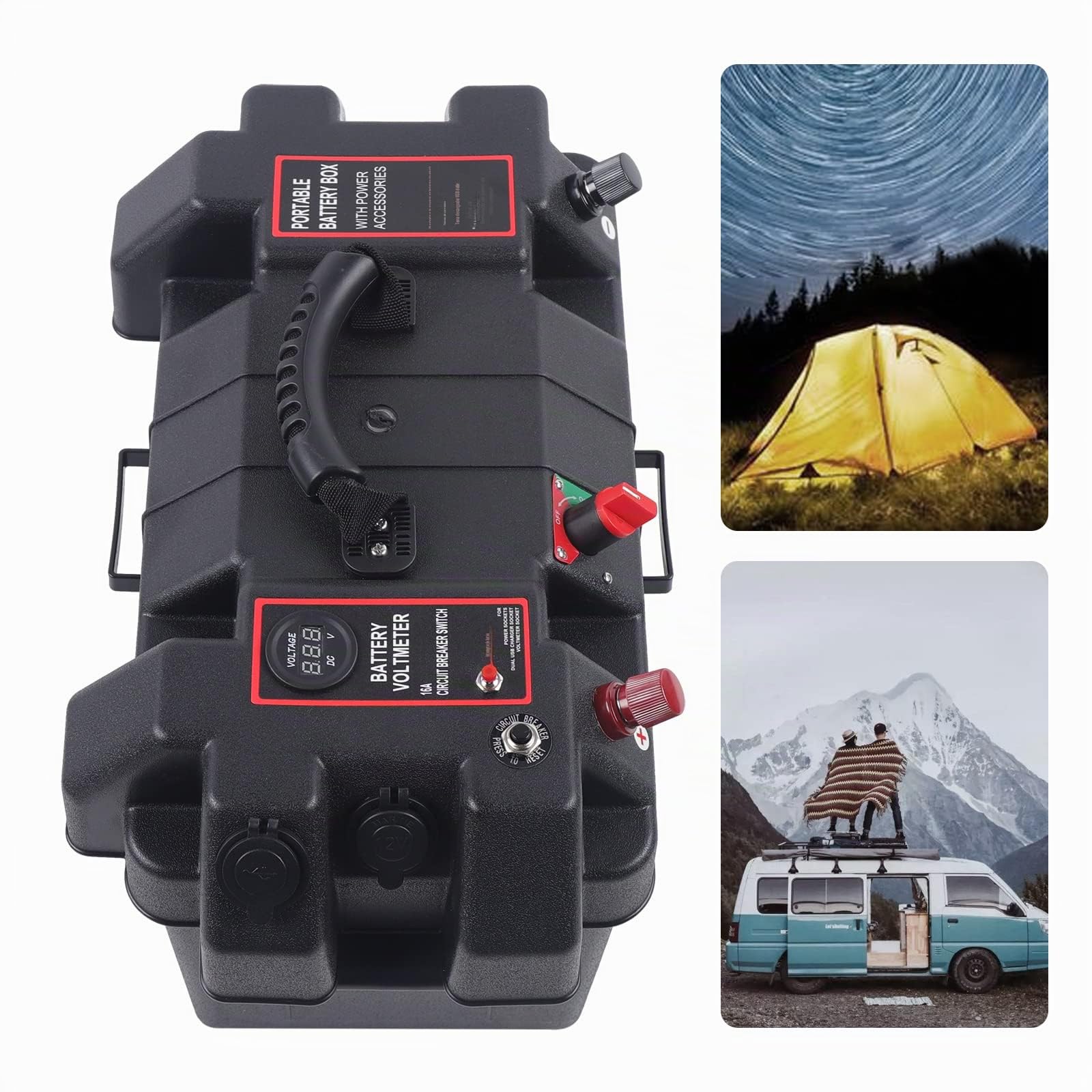 Caja de almacenamiento de batería con doble puerto USB, monitoreo en tiempo real, para barco marino, RV, camping, viajes, plomo ácido, AGM, litio, batería LiFePO4 (no incluida), color negro