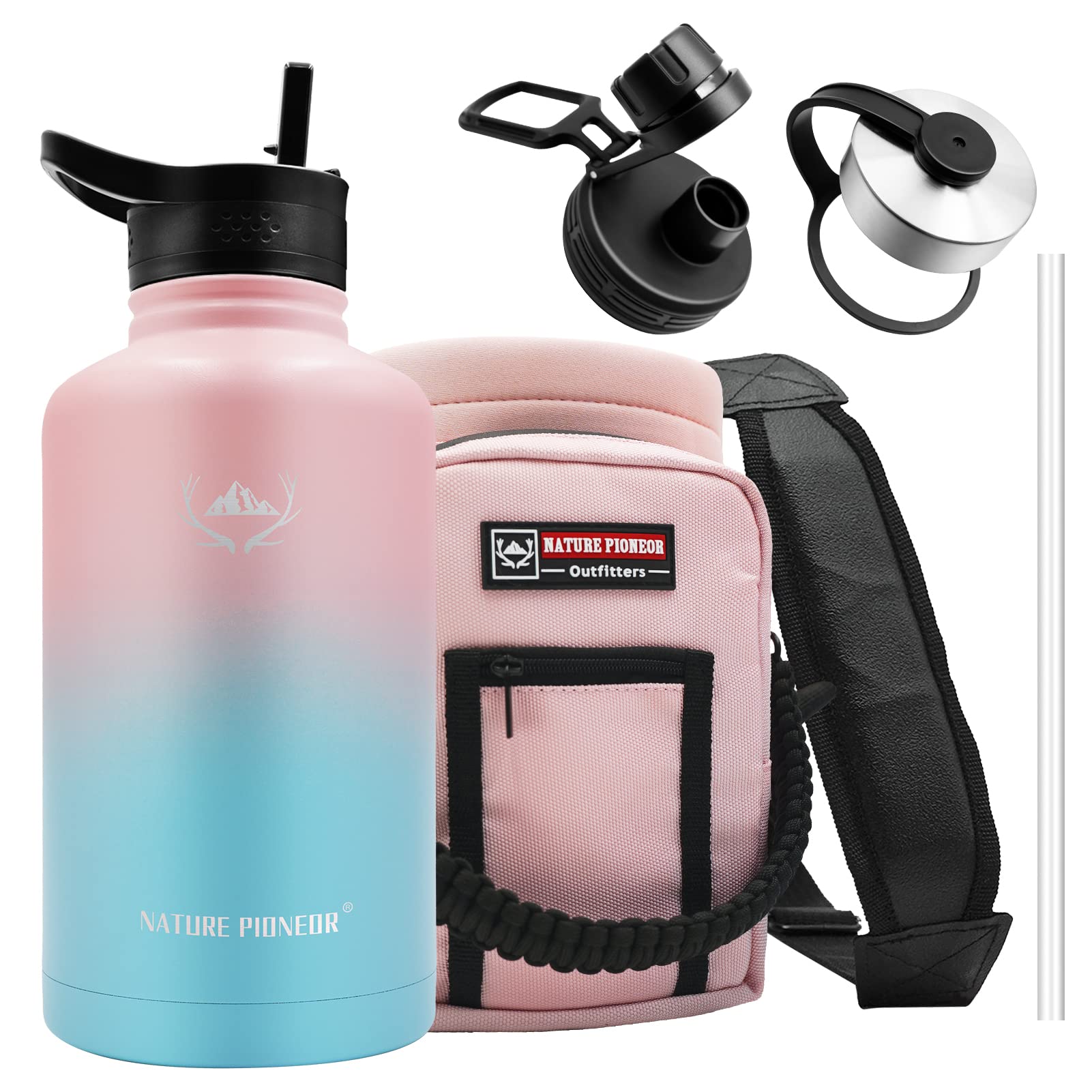 NATURE PIONEOR Insulated Water Bottles with Straw - 24/32/40/64 oz Stainless Steel Vacuum Water Bottle with Holder/Carrier/Sleeve - Reusable 18/8 Food Grade Thermos Water Jug