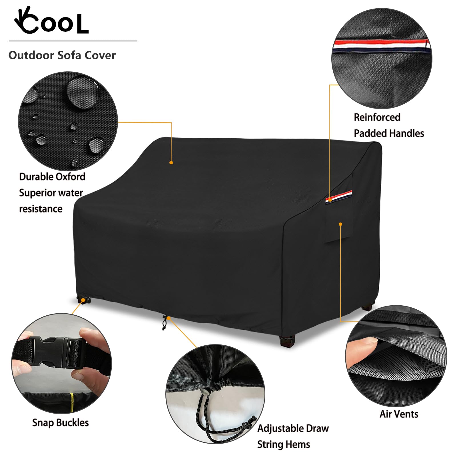 okcool - Funda de sofá de exterior resistente, 100 % impermeable, 2 plazas, hasta 147 x 83 x 79 cm (ancho x fondo x alto), negro