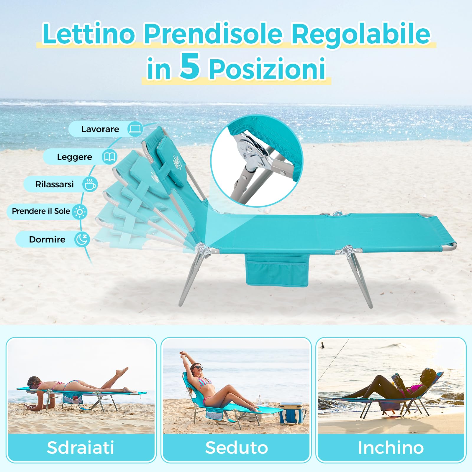 #WEJOY Lettino Prendisole Pieghevole con Foro per Lettura, Sedia a Sdraio Regolabile in 5 Posizioni, Lettino da Giardino Leggero con Poggiatesta, Lettino per Spiaggia Terrazza Piscina Campeggio
