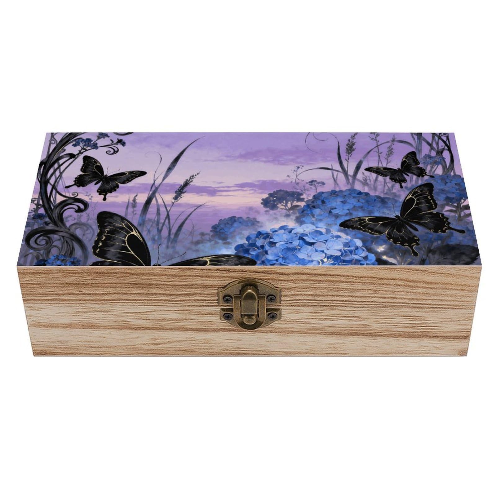 DWVTSLH Swallowtail Hydrangea Wooden Storage Box Locked Wood Gift Box Decorative Keepsake Boxes Storage Bins, Memory Boxes for Pictures, Jewelry Organizer Unique Gift Ideas for Men Women