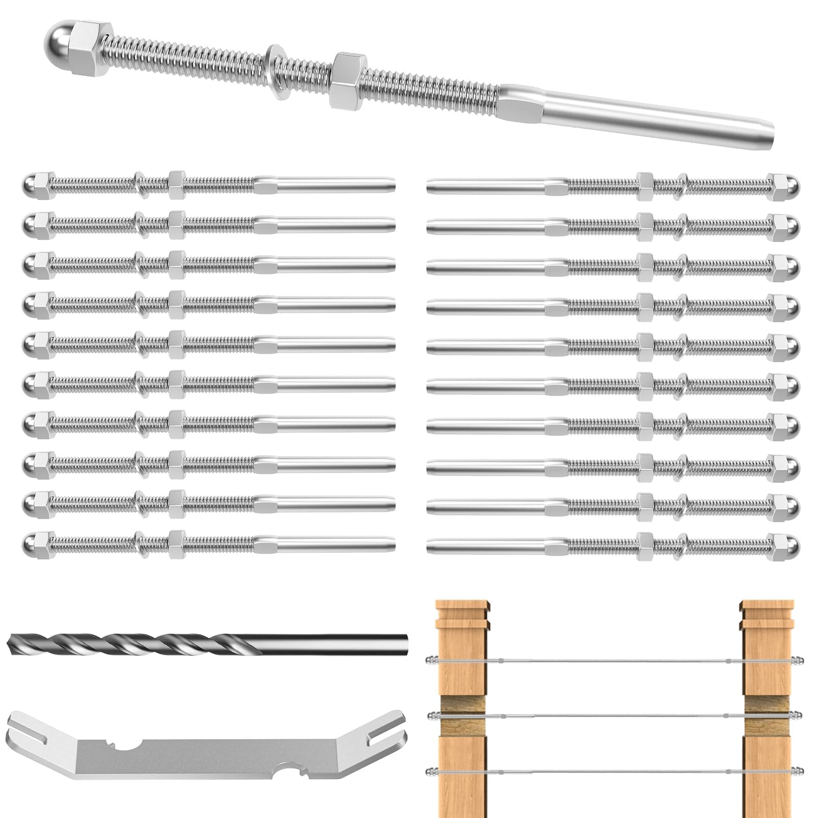 TooTaci 20 Pack 6“ Long T316 Stainless Steel Cable Railing Hardware for 4 x4 Metal/Wood Posts of 1/8 Cable Railing Kit, Marine Handed Swage Threaded