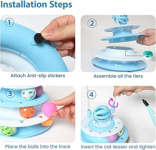 Miniatura 5 de Juguetes para gatitos, juguetes interactivos de rompecabezas para gatos de interior, torre para gatos con 2 juguetes y pista de bolas (azul)