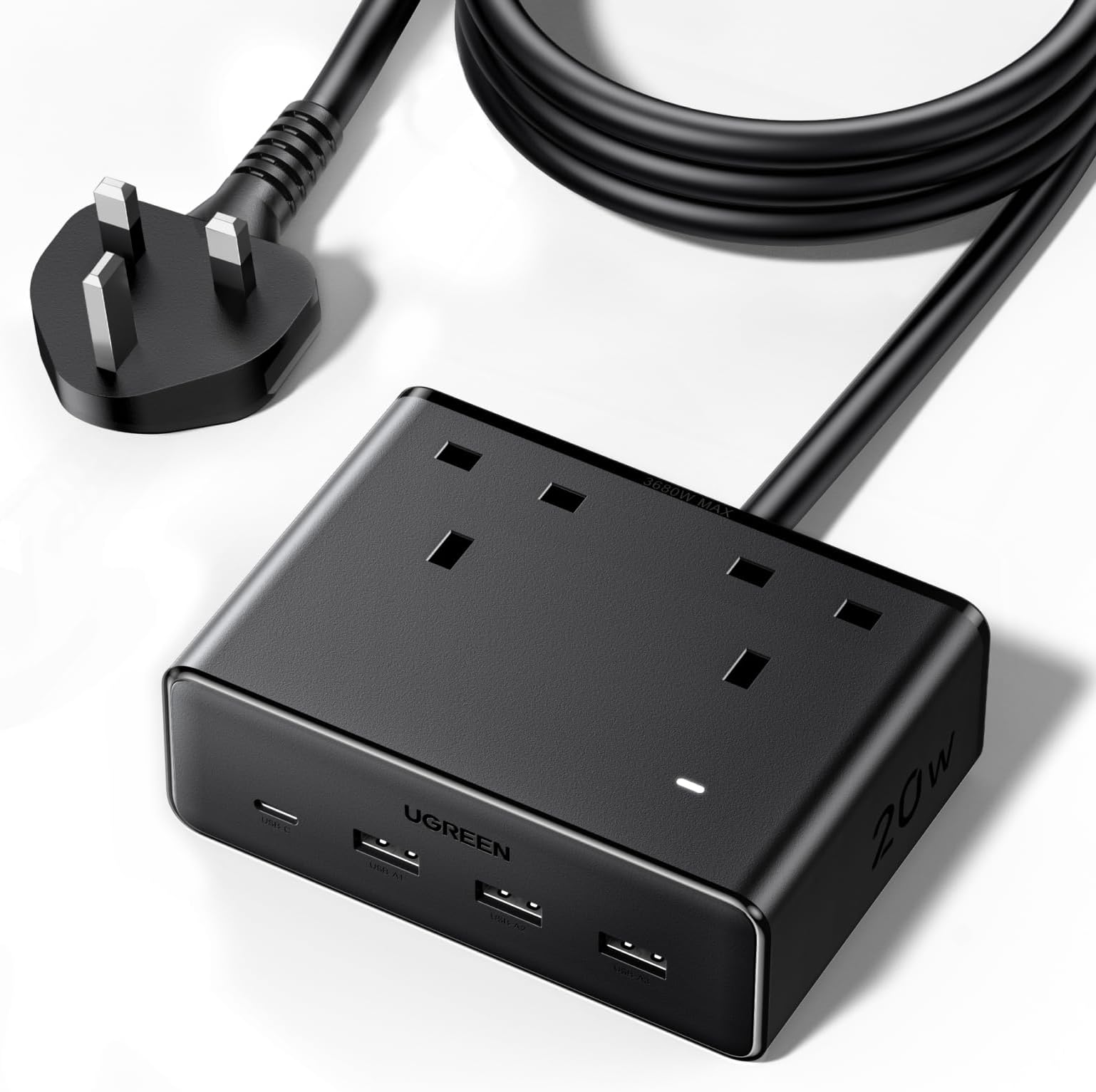 UGREEN Extension Cord with 4 USB Slots, 2 Way 2990W Max Multiple Plug with 1.5m Extension Plug, Compatible with iPhone 16/15, iPad Pro/Mini, Laptop, Docking Sation, ect Suitable for Home/Office