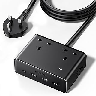 Extension Cord with 4 USB Slots, 2 Way 2990W Max Multiple Plug with 1.5m Extension Plug, Compatible with iPhone 16/15, iPad Pro/Mini, Laptop, Docking Sation, ect Suitable for Home/Office