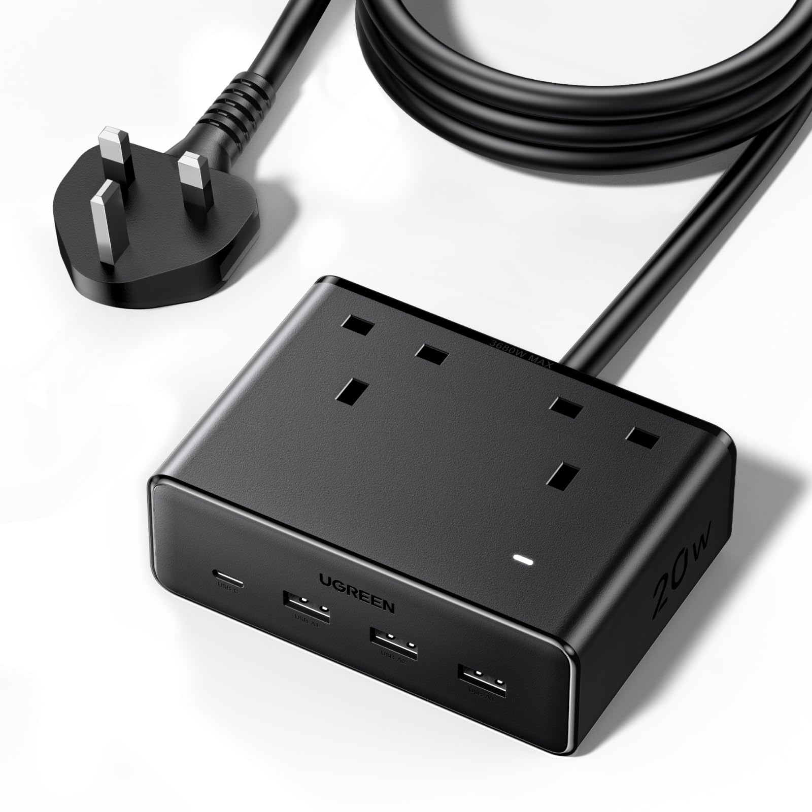 UGREEN Extension Cord with 4 USB Slots, 2 Way 2990W Max Multiple Plug with 1.5m Extension Plug, Compatible with iPhone 16/15, iPad Pro/Mini, Laptop, Docking Sation, ect Suitable for Home/Office 3A1C-Black