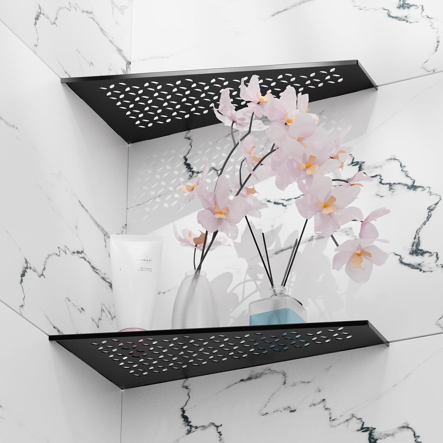 12" Corner Shower Caddy Shelves, 2 Pack Bathroom Shower Shelf for Tiled Wall, Stainless Steel Shower Shelf Organzier for Inside Showe Kitchen Storage Without Hooks & Adhesive (Star Patterns, Black)