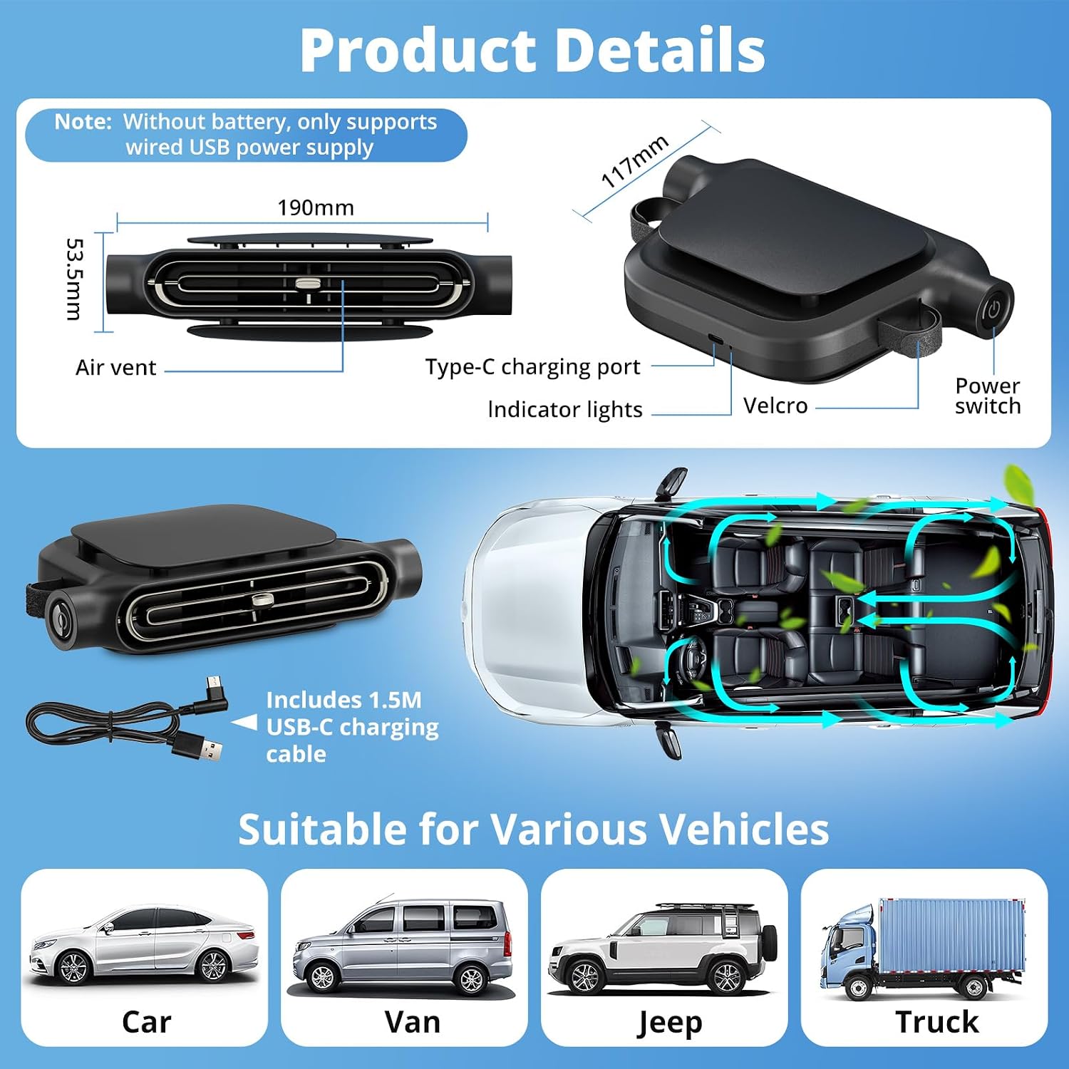 USB Car Seat Fan for Backseat - 3 Speeds Quiet Neck Fan Mini Portable Air Conditioners for Car Accessories, Cooling Fans for Baby Kids Rear Facing, Carseat Fan for Jeep SUV Van RV Truck