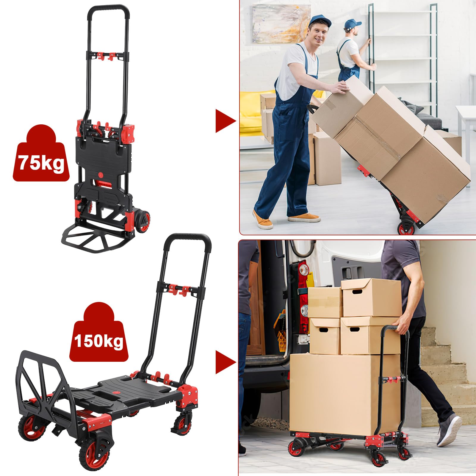 Diable et Chariot Plateforme 2-en-1 avec Boîte Pliante, 2 Tendeurs avec Crochets, Chariot de Transport Max 150 kg, Diable Max. 75 kg, Poignée Réglable sur 3 Niveaux, pour Transport, Shopping (Rouge)