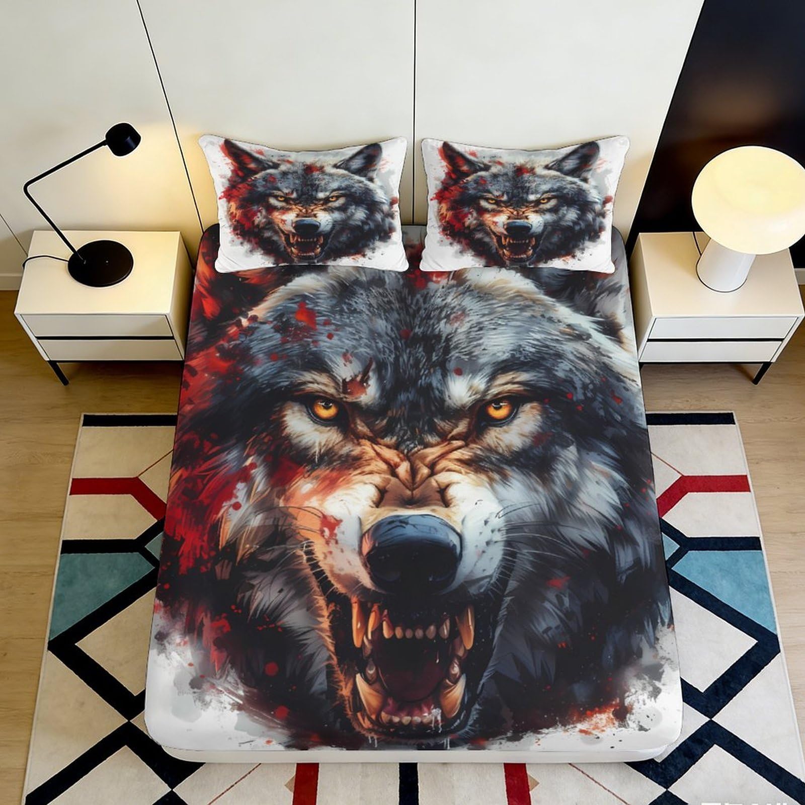 3D Printed Fierce Wolf Fitted Sheet Microfiber Soft Breathable Aggressive Wolf Bed Cover for Bedroom Dormitory Guest Room Mattress Protection Decor 160x200x25cm