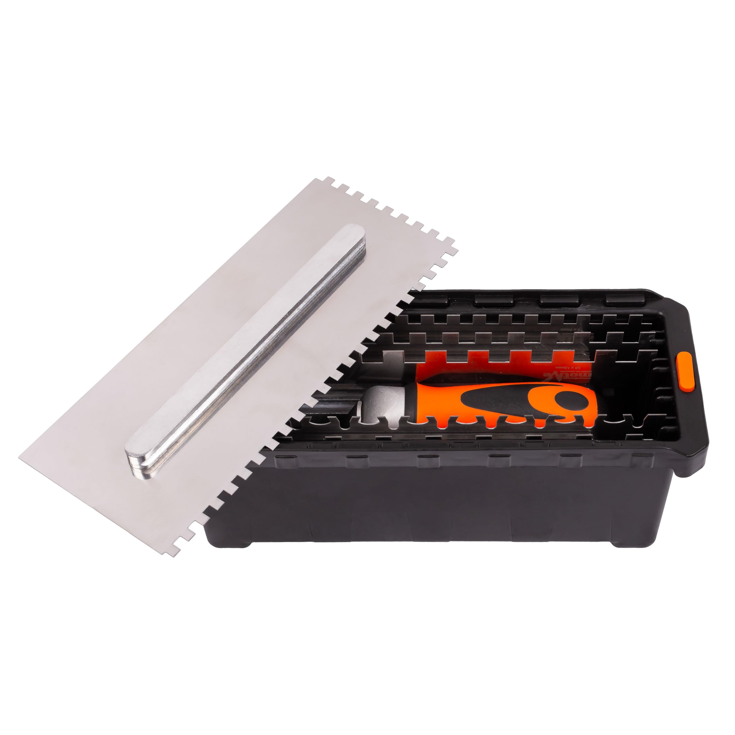 MIVOS Set di Frattazzi con manico staccabile e scatola per il trasporto - 6, 8, 10, 12 mm, Tipo U, tipo Tiger - 6 Frattazzi dentati - Frattazzi in acciaio inox con impugnatura morbida - Cazzuola