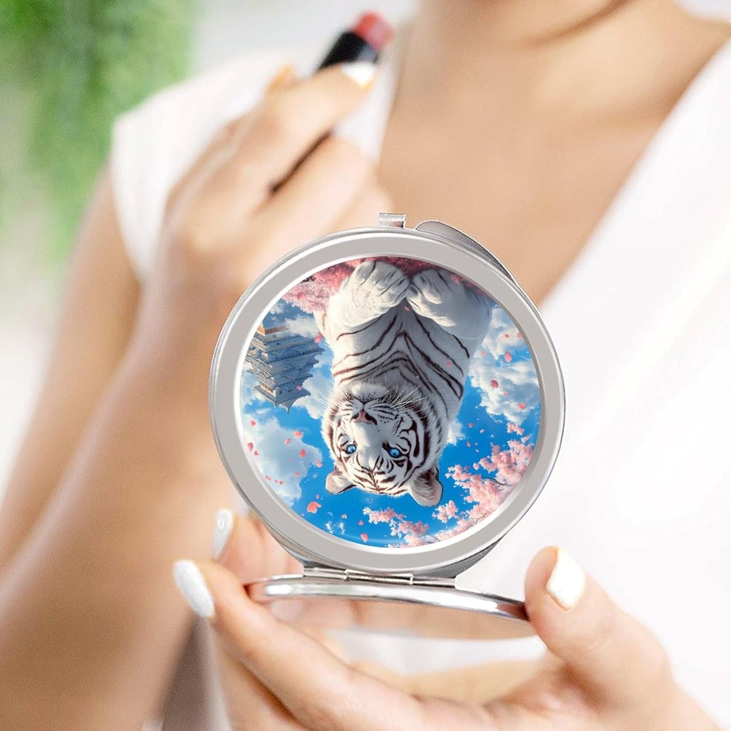 White Tiger Cherry Flower Compact Makeup Mirror Mini Foldable Cosmetic Mirror Portable Travel Mirror for Purse Pocket