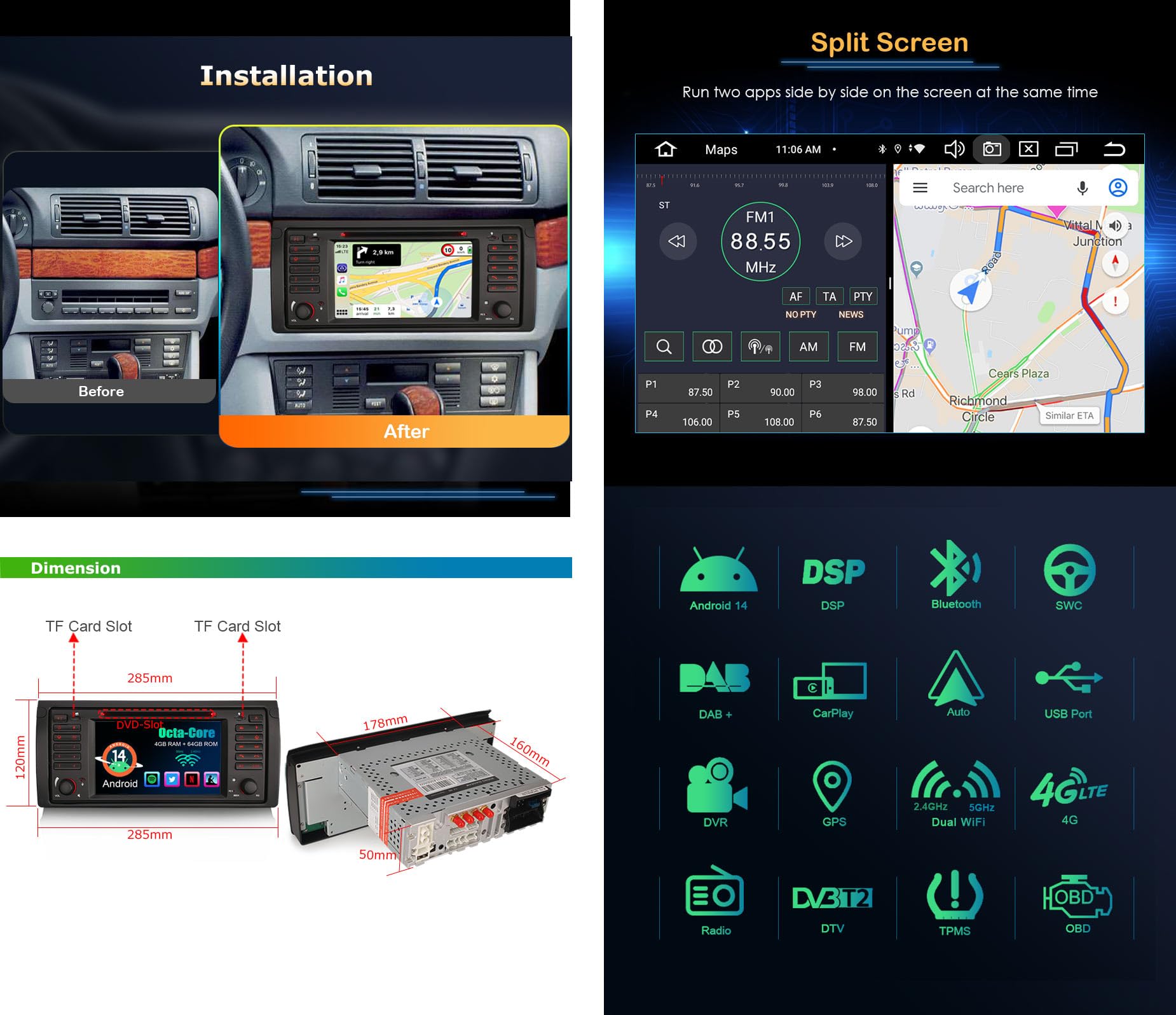Erisin 7 Pulgadas 8-núcleo 4GB+64GB Android 14 Radio Coche GPS Navegador para BMW X5 E53 Estéreo de Automóvil Bluetooth CarPlay Android Auto DSP Dab+ WiFi RDS USB FM CD DVD Pantalla táctil IPS SWC