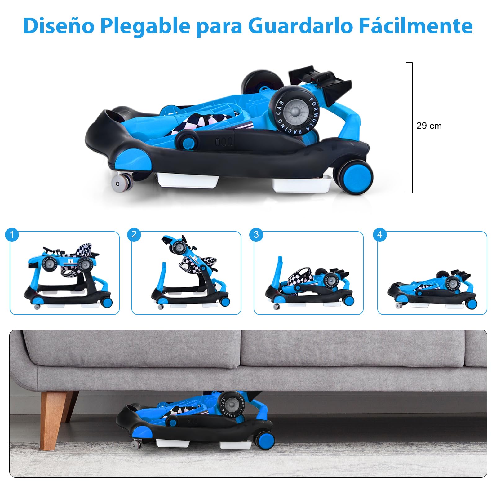 RELAX4LIFE 4 en 1 Andador para Bebés 6-18 Meses, Andador Plegable con Altura Regulable en 3 Niveles, Tacatá Bebés con Luces, Sonidos y Velocidad Controlable, 64 x 73 x 50,5-55,5 cm (Azul) - 3