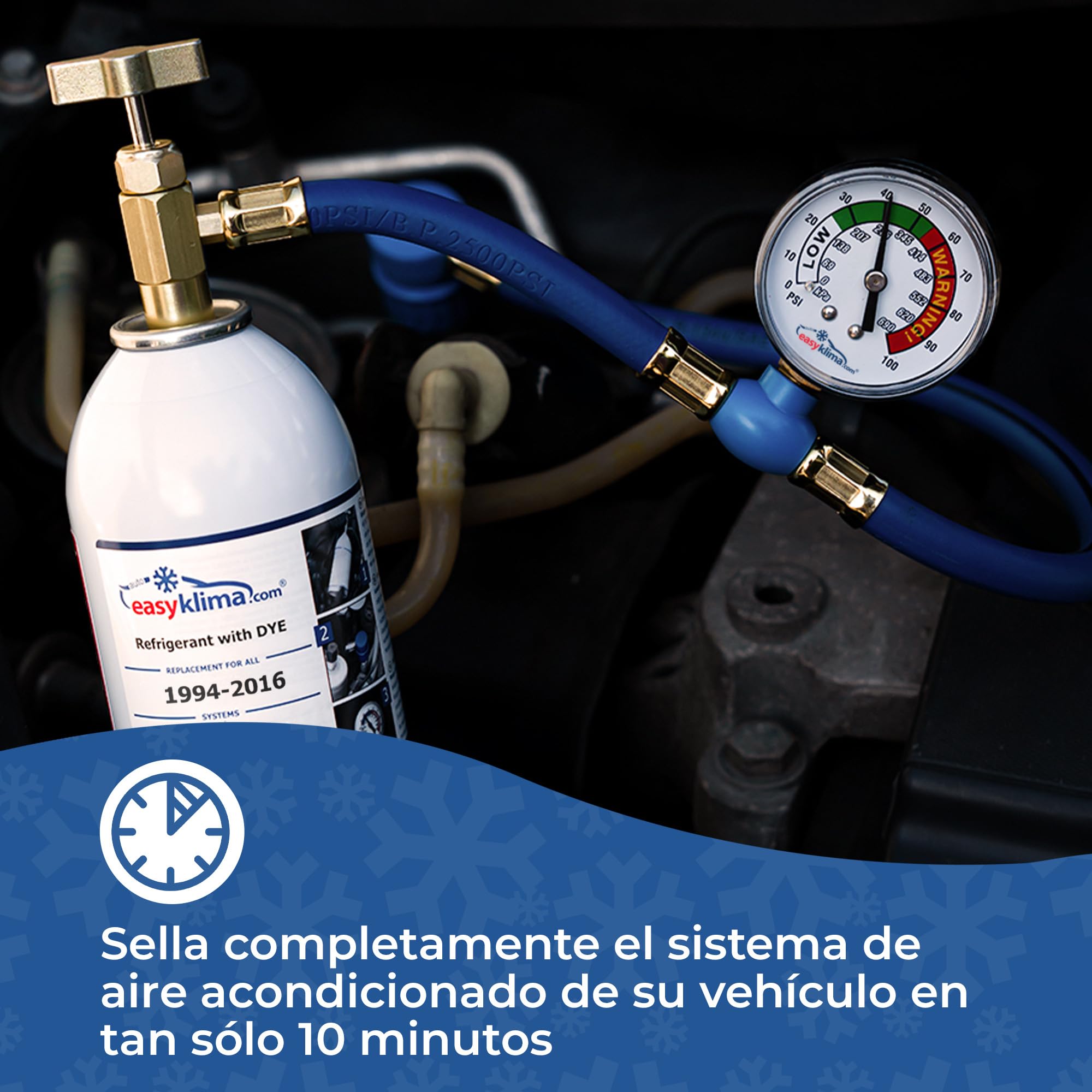 Kit EasyKlima® 3 en 1 con doble refrigerante R134a y manguera con manómetro. Rellena tú mismo el sistema de aire acondicionado de tu coche con gas adicional, para modelos de 1994 a 2016.