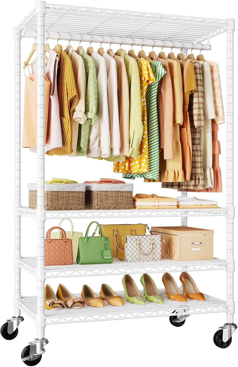 P9 Rolling Clothes Rack Heavy Duty, Clothing Racks for Hanging Clothes, 4 Tiers Garment Rack with Wheels, Metal Portable Closet Rack, 35.5" L X 15.8" W X 80.5" H, Max Load 445 LBS, White