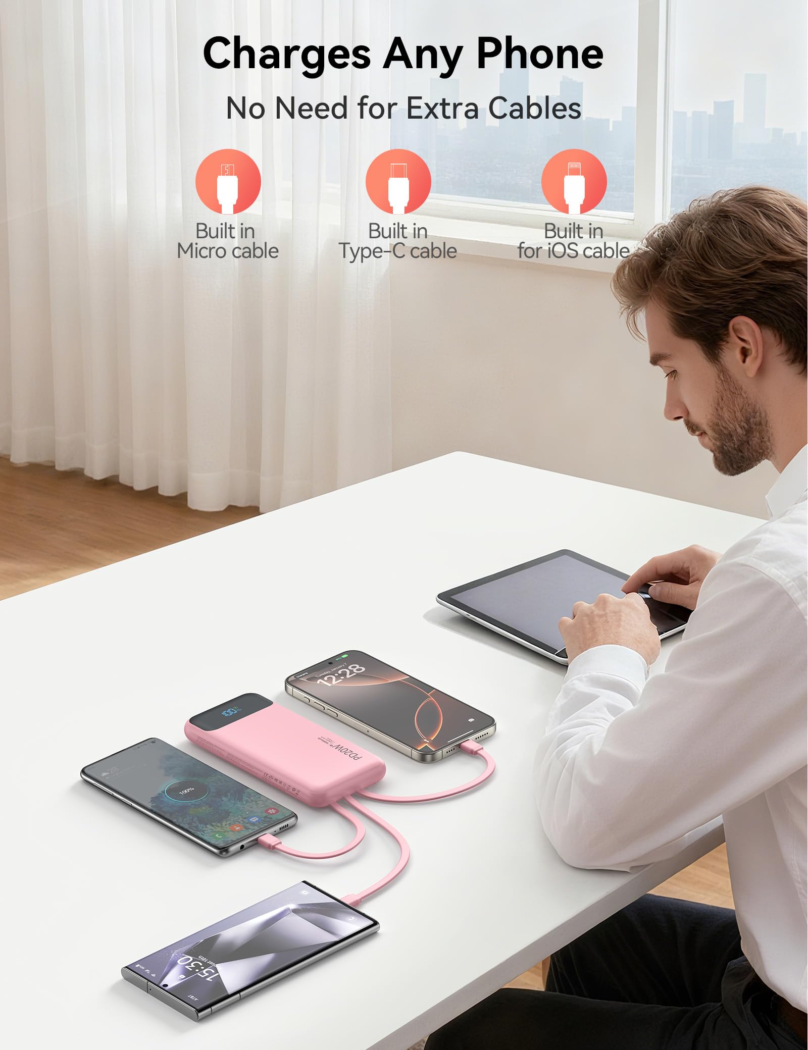 Caricabatterie portatile da 10000 mAh integrato con 4 cavi, ricarica rapida USB C Power Bank da 22,5 W, batteria a 6 uscite, caricabatterie per telefono essenziale da viaggio con display a LED