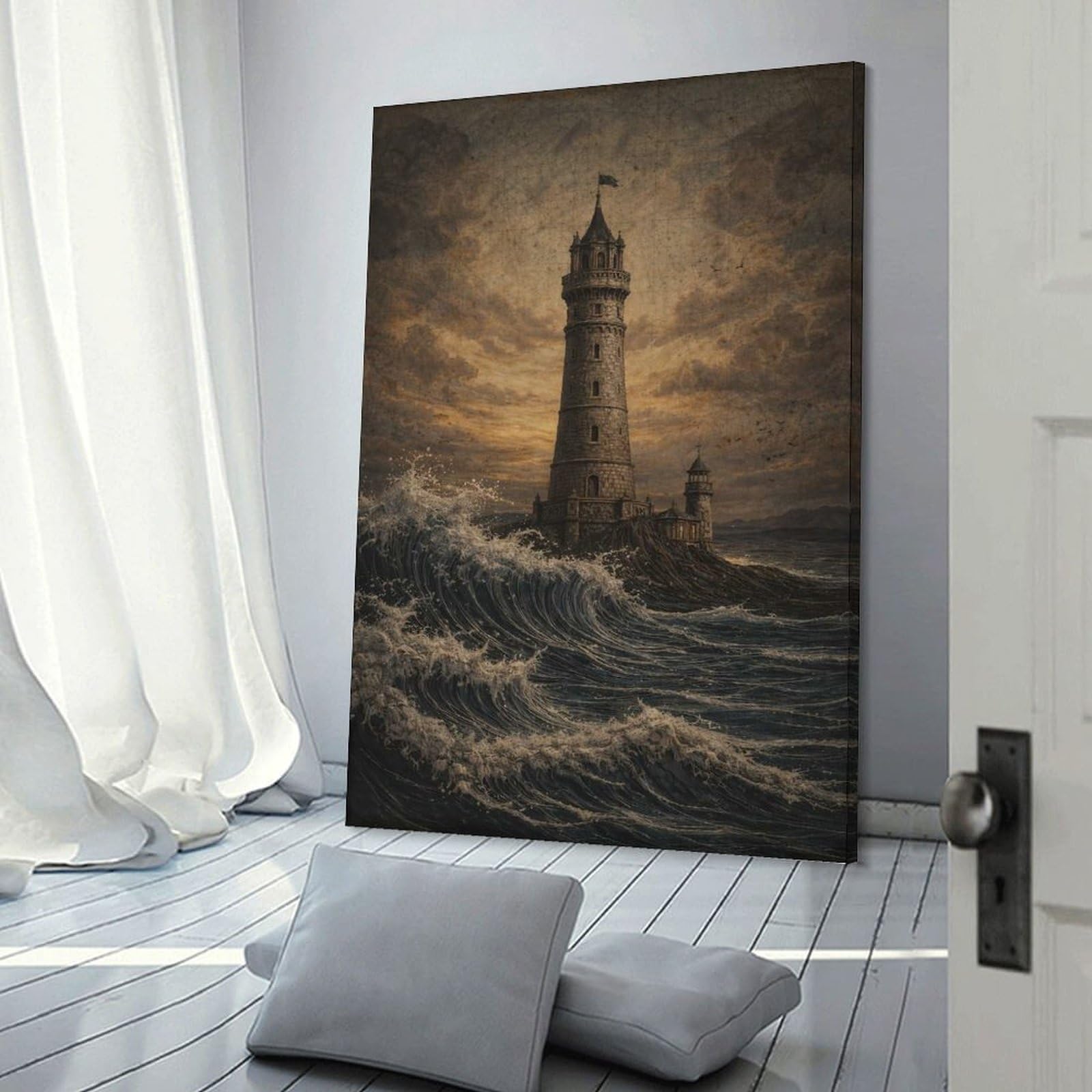 Junmoney Stormy Seas Lighthouse Canvas Art Print 20x30inch(50x75cm), for Bedroom Decor, Cosy Corners Or Studios, An Easy Wall Refresh for Bedrooms