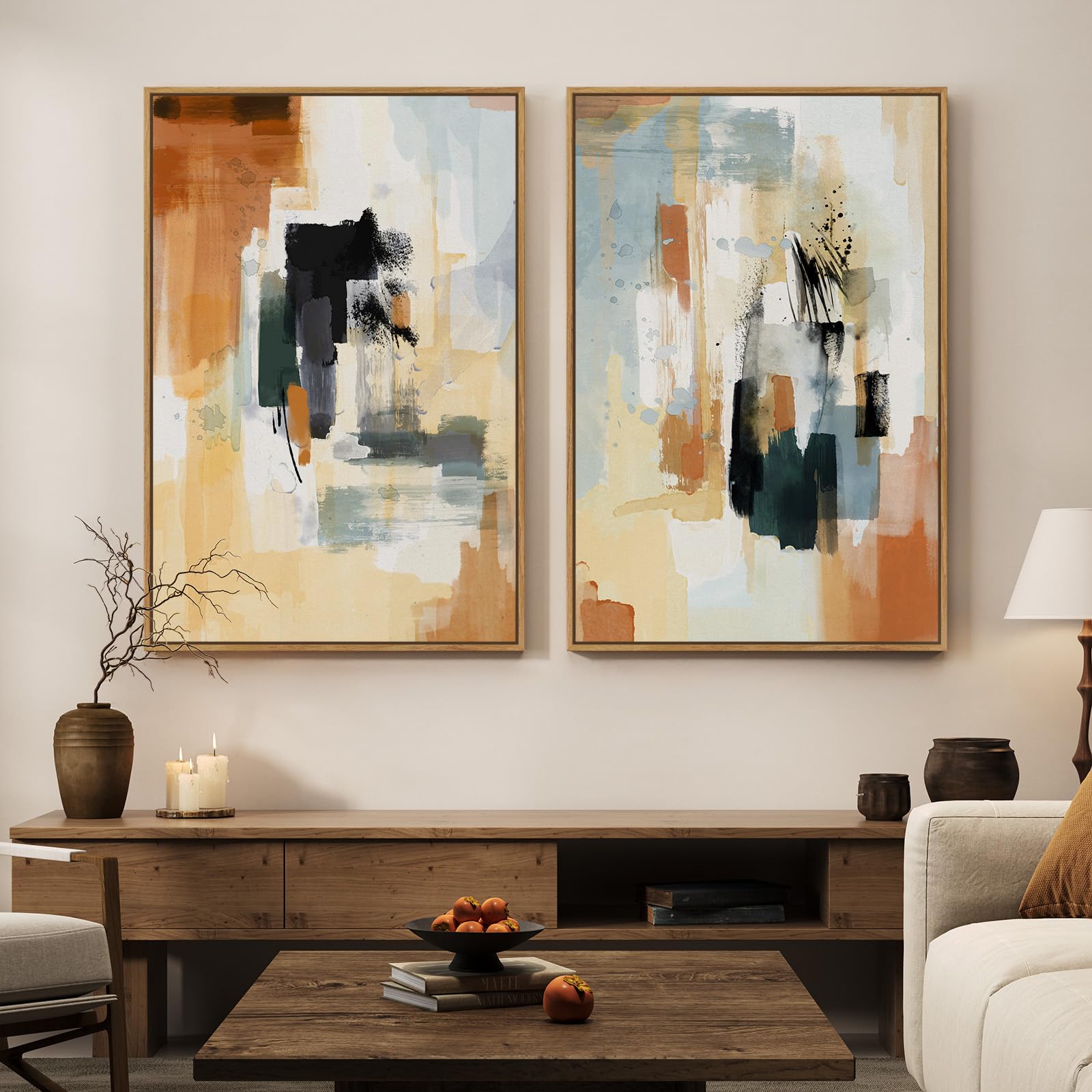 Large Framed Neutral Abstract Wall Art, Set of 2 Modern Canvas Prints Paintings Artwork for Walls, Minimalist Colorful Pictures for Living Room Bedroom Dining Room Hallway Lounge Wall Decor 24x36 In