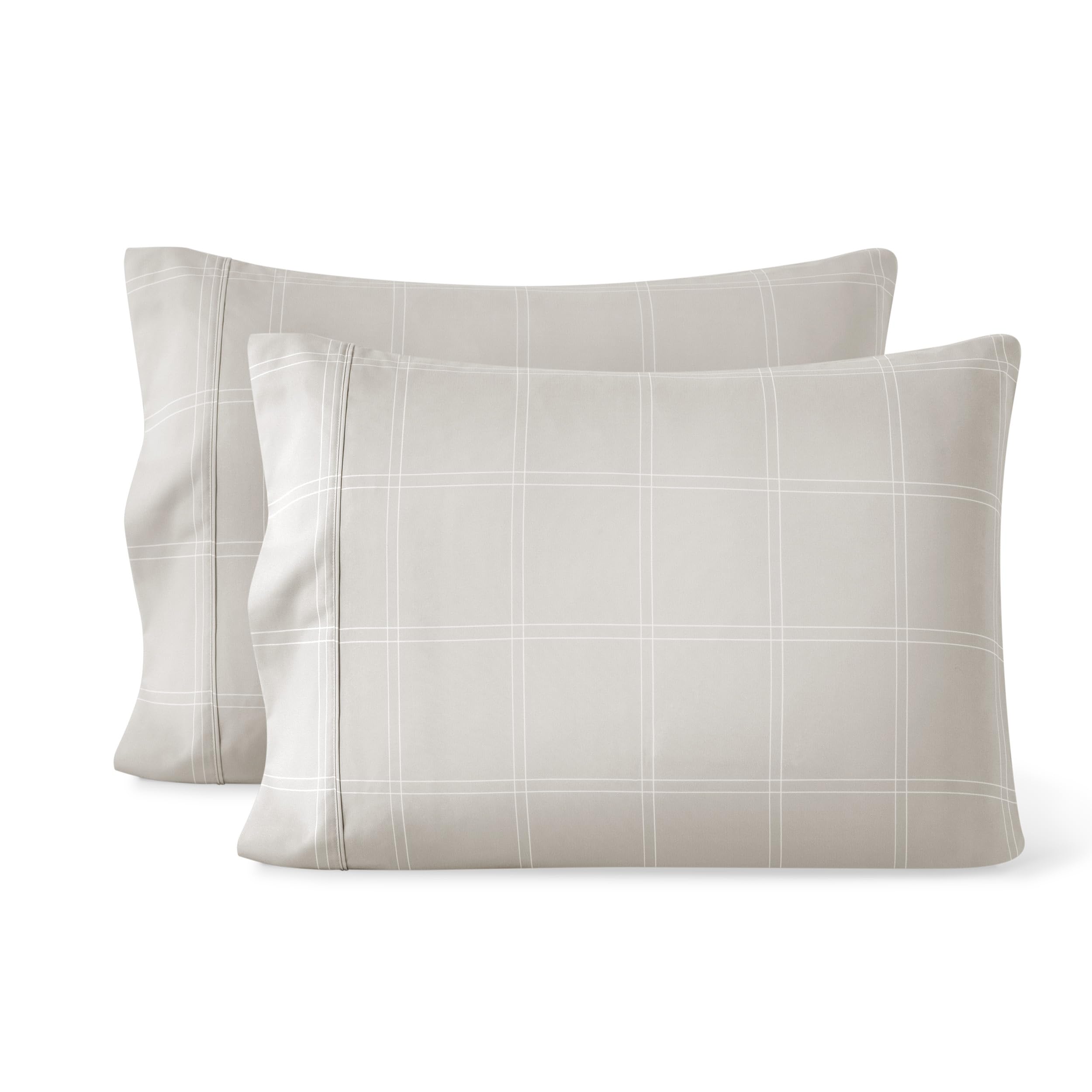 Bare Home Pillowcases Open End (King Set of 2, Modern Plaid - Stone/White)