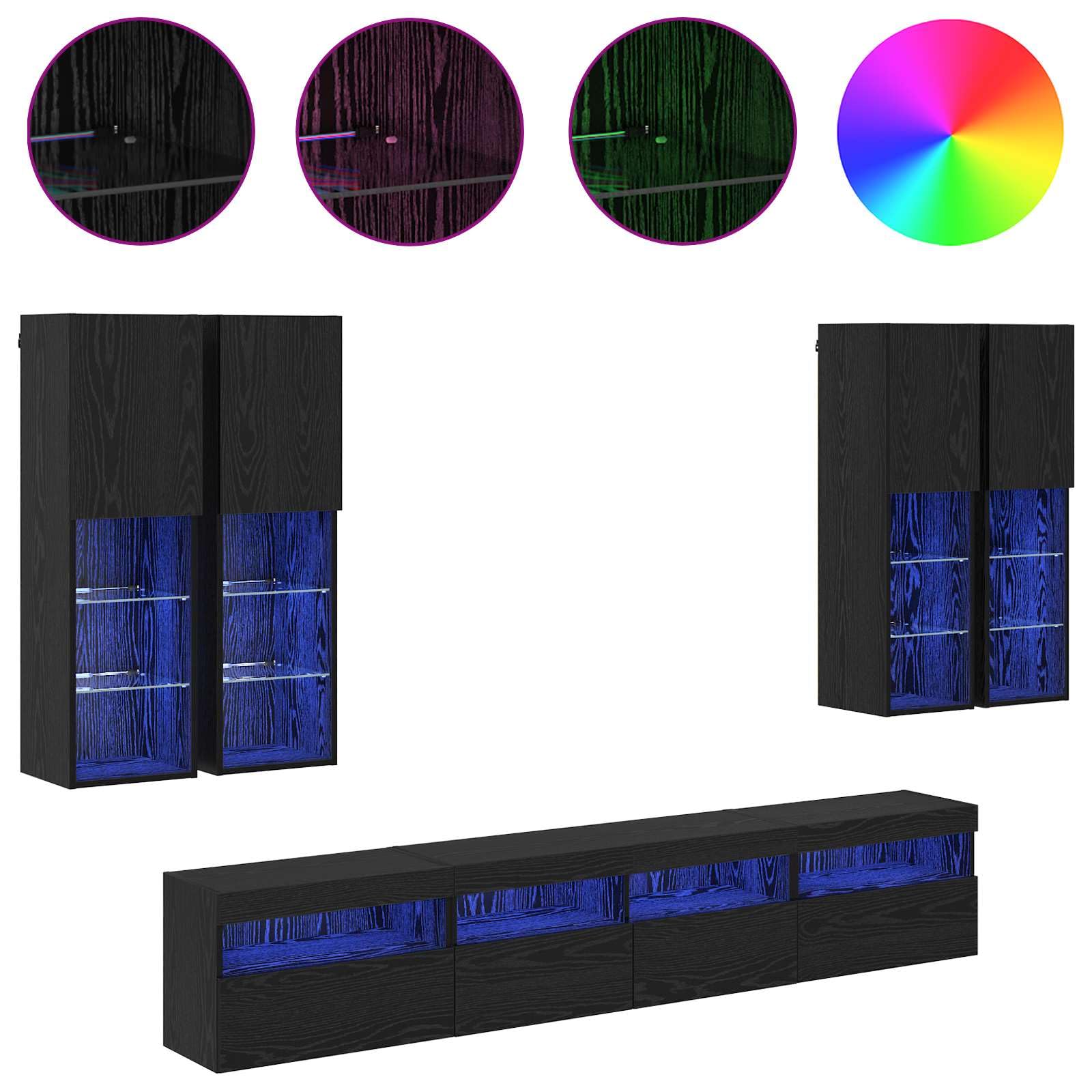 Juego de 7 armarios para TV con luces LED, aspecto de roble negro, 100 x 30 x 40 cm, diseño moderno para sala de estar, dormitorio