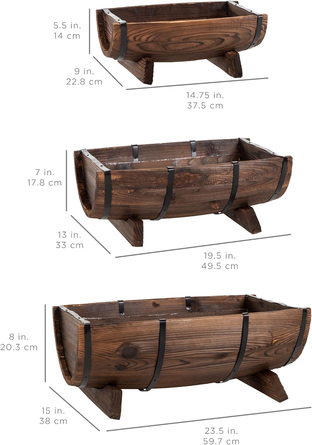 Best Choice Products Set of 3 Wooden Half Barrel Garden Planters Set Rustic Decorative Flower Beds for Plants, Herbs, Veggies w/Drainage Holes, Multiple Sizes, Indoor Outdoor Use