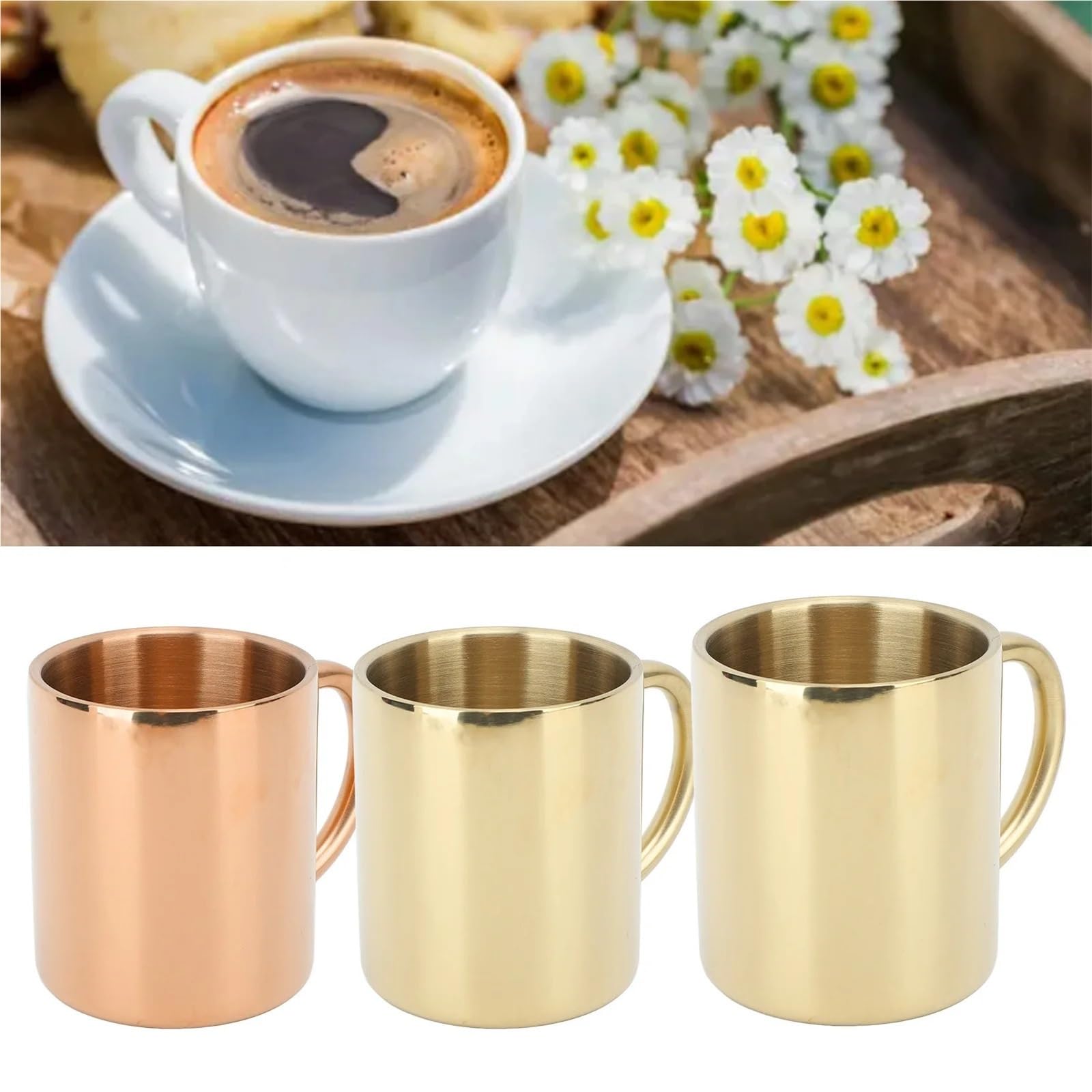 Wassergläser 2 Stück Kaffeetasse, 304 Edelstahl, Kaffeetasse, großes Fassungsvermögen, doppelwandige isolierte Tasse mit Griff for Tee, Milch Für Saft(Rose Gold 220ML)