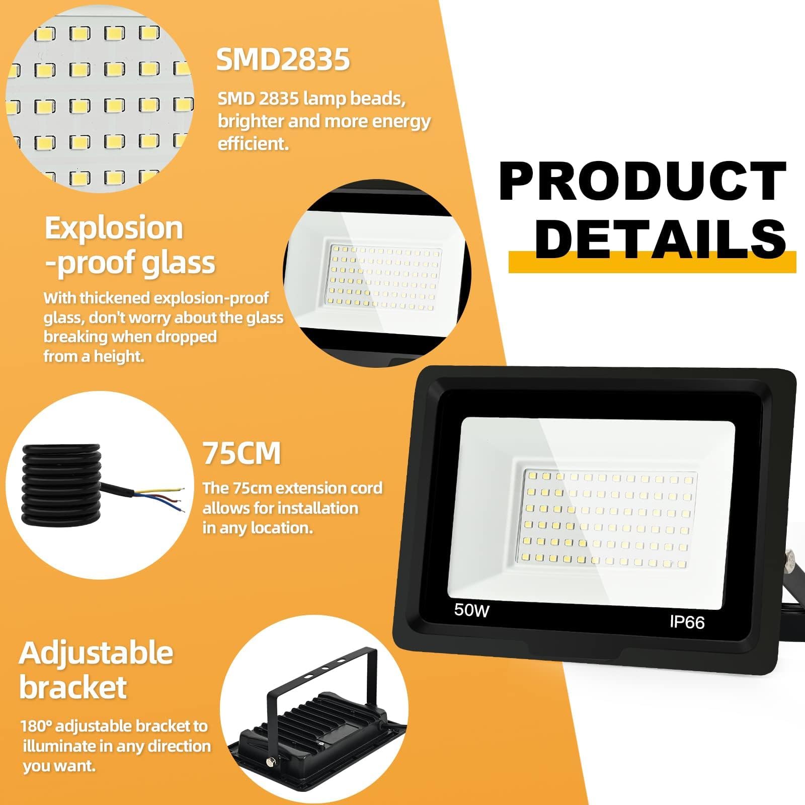 Reflektor LED zewnętrzny 50 W-IP66, wodoszczelny, 6000 K, 5000 lm, super jasny reflektor LED na podwórko, garaż, korytarz, do ogrodu
