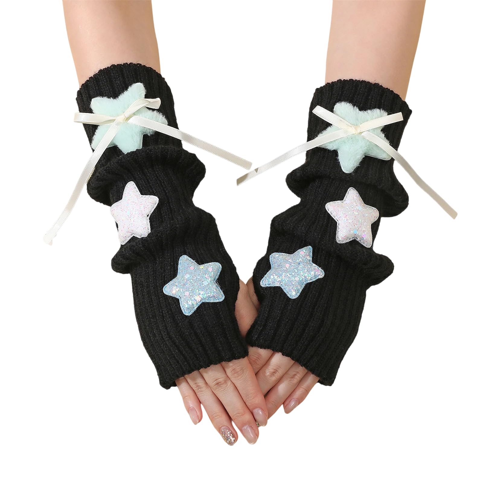MICFENY Soft Acrylic Star Arm Warmers Oversleeve Half Finger Gloves For Winter Cycling Use
