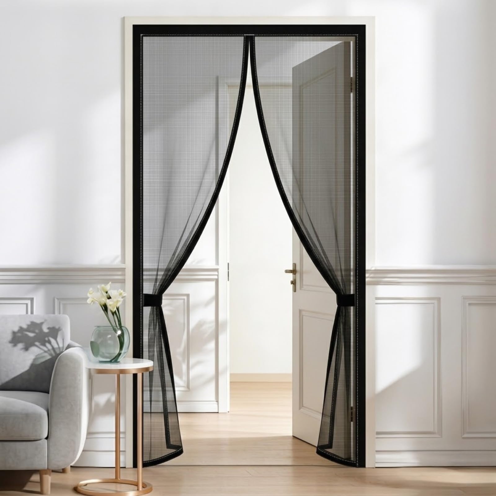 Cat Scratch Resistant Magnetic Fiberglass Mesh Window Screen, Washable Self-Adhesive Screen, Magnetic Closure Mesh Curtain with Hooks Adhesive Tape for Bedroom Kitchen Pets(Black,60x100cm)
