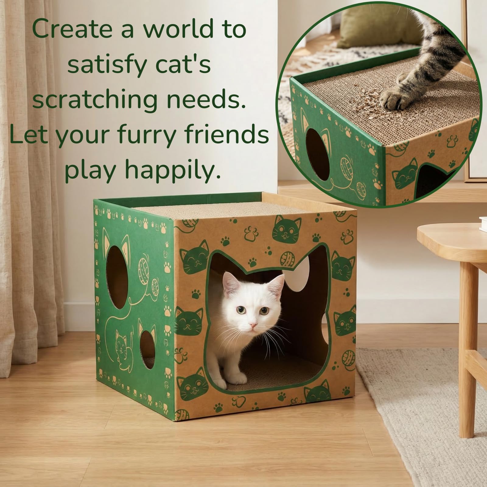 Pumtus Paquete de 2 casas de cartón para gatos, casa de juego para gatos con 2 almohadillas para rascar, cueva escondite corrugada para gatos, bonita caja de condominios para gatos, juguete rascador
