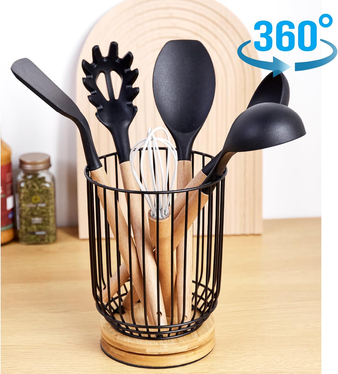 WDT Tool Utensil holder for Kitchen Counter，Large Utensils Holder For Farmhouse Cooking, Utensil Caddy Spatula Holder (Rotating+Metal+Bamboo-1)