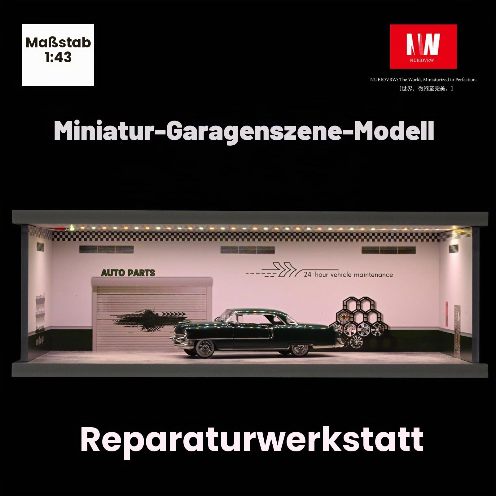 1:43 Diorama Garage Modell, Dreifarbige Beleuchtung Modellautos Vitrine