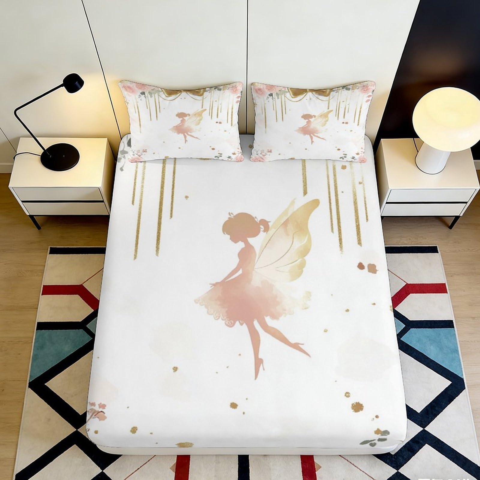 3D Printed Fairy Pattern Fitted Sheet Microfiber Soft Breathable Ballet Silhouette Bed Cover for Bedroom Dormitory Guest Room Mattress Protection 120x200x25cm