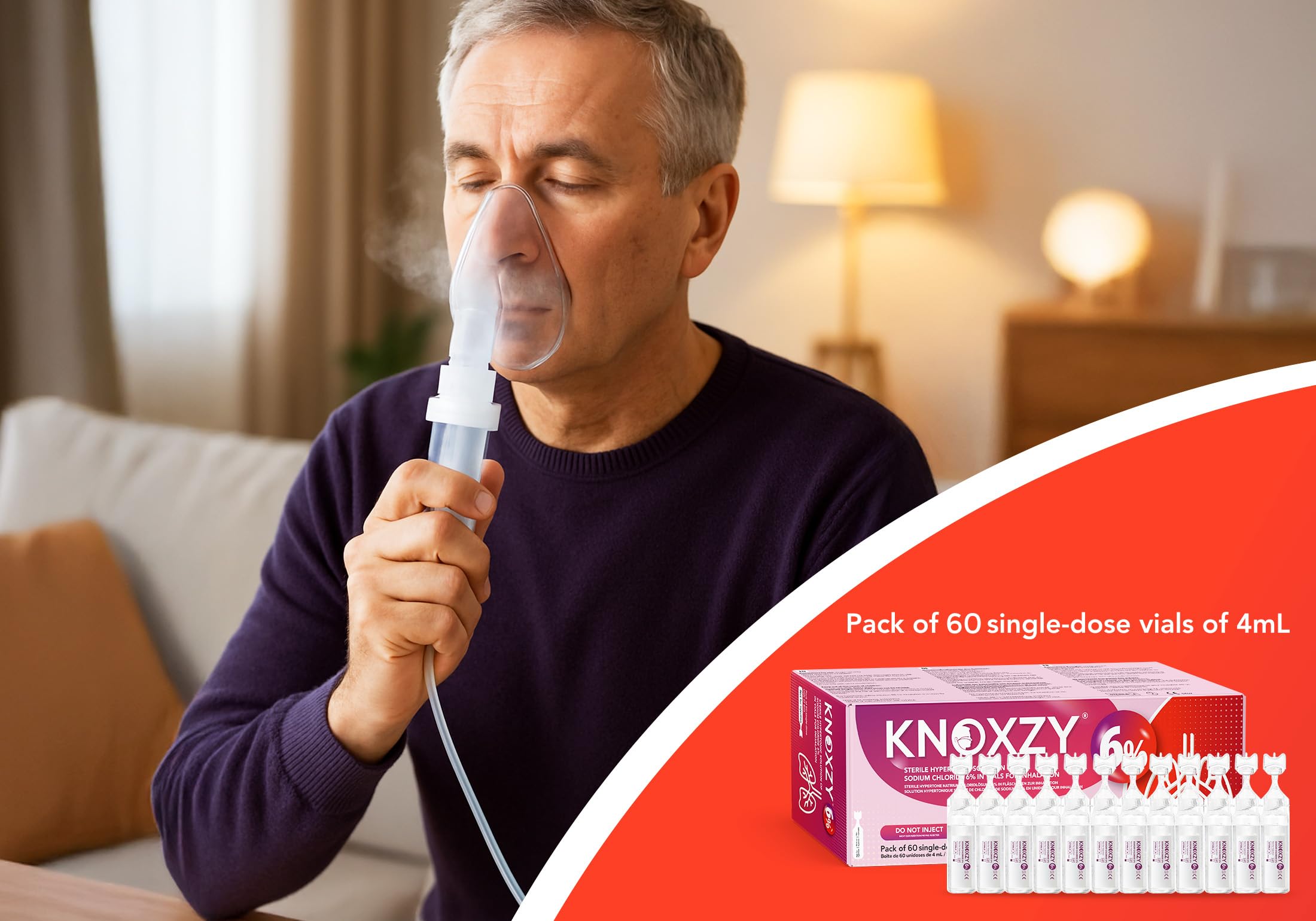 KNOXZY Hypertone Kochsalzlösung zur Inhalation 6%. Inhalationslösung für Erwachsene und Kinder. Die Box enthält 60 Einzeldosis-Ampullen à 4 ml.