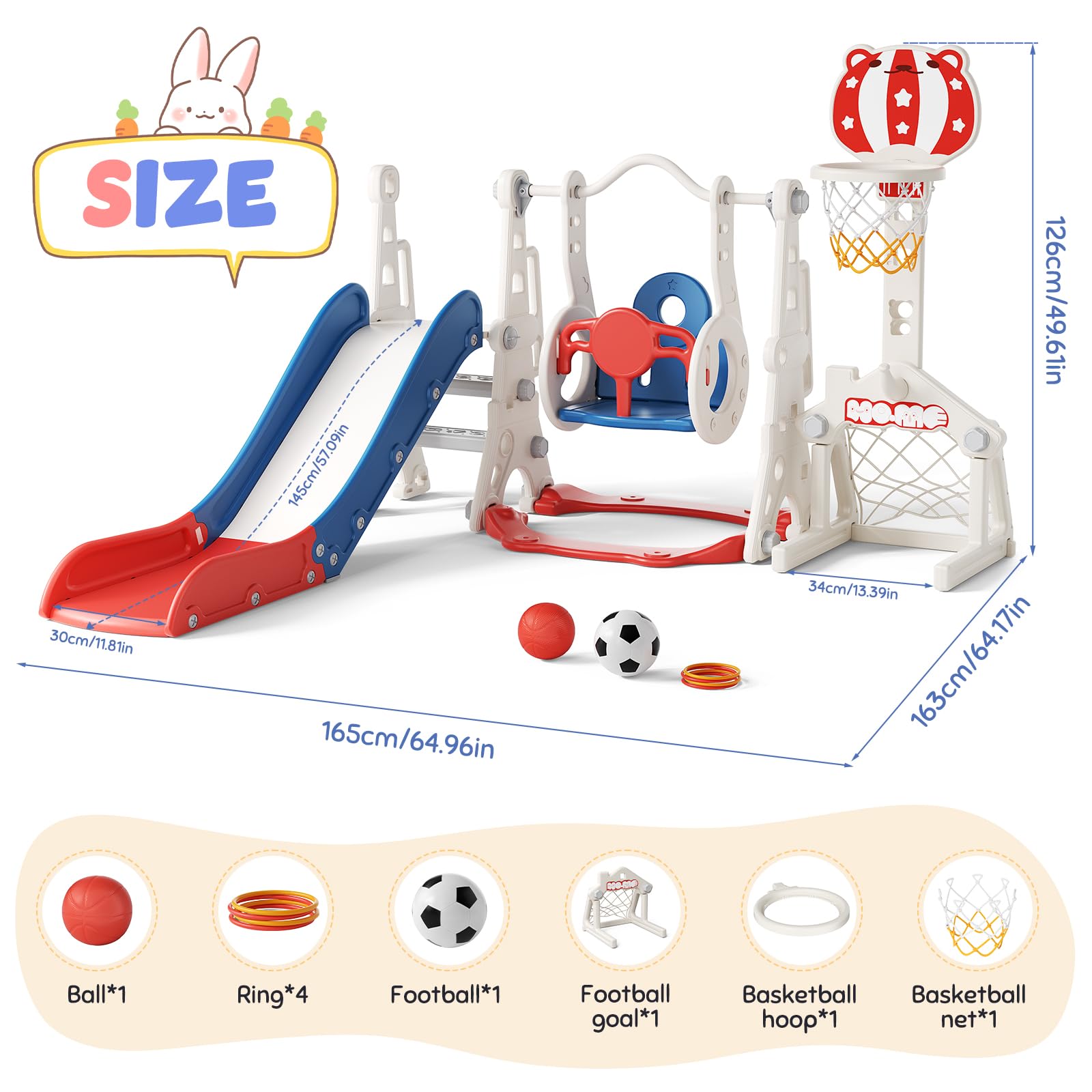 Tobogán Infantil 6 en 1 con Estructura para trepar, Canasta de Baloncesto y portería de fútbol – Set de tobogán de plástico para Interiores – Juguete Montessori (Azul/Rojo)