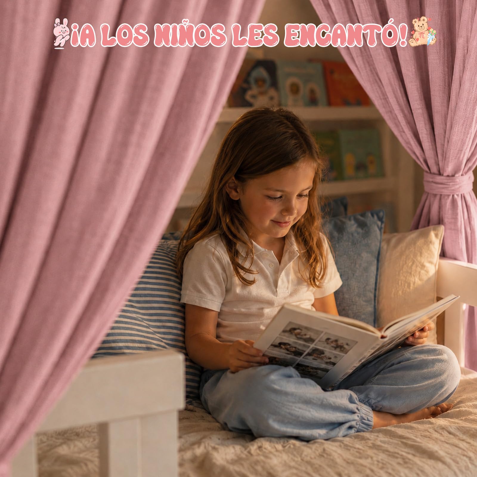 Dosel Cama Infantil, Dosel de Cama con Forma de Casa, Cortina de Muselina de Algodon para Cama Casita, Decoracion para Habitacion Infantil(Rosa, H420 x B135 cm (1 Pieza))