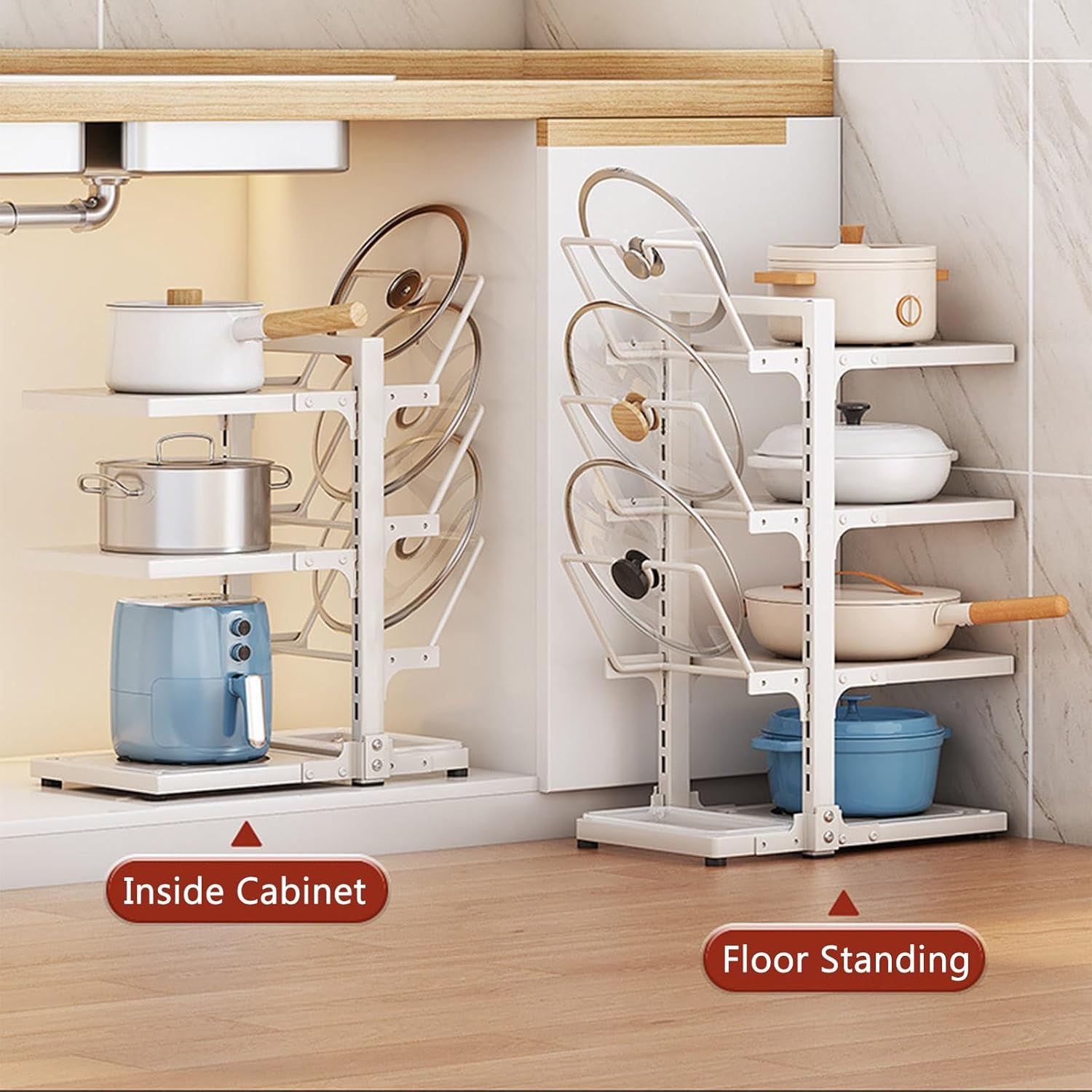 Multifunctional Adjustable Pot and Pan Organizer Rack, Floor Standing Pot Rack for Cabinet, Pot Lid Holders with Drain Tray, Carbon Steel Cast Iron Pot Rack(White 4) (White 3)