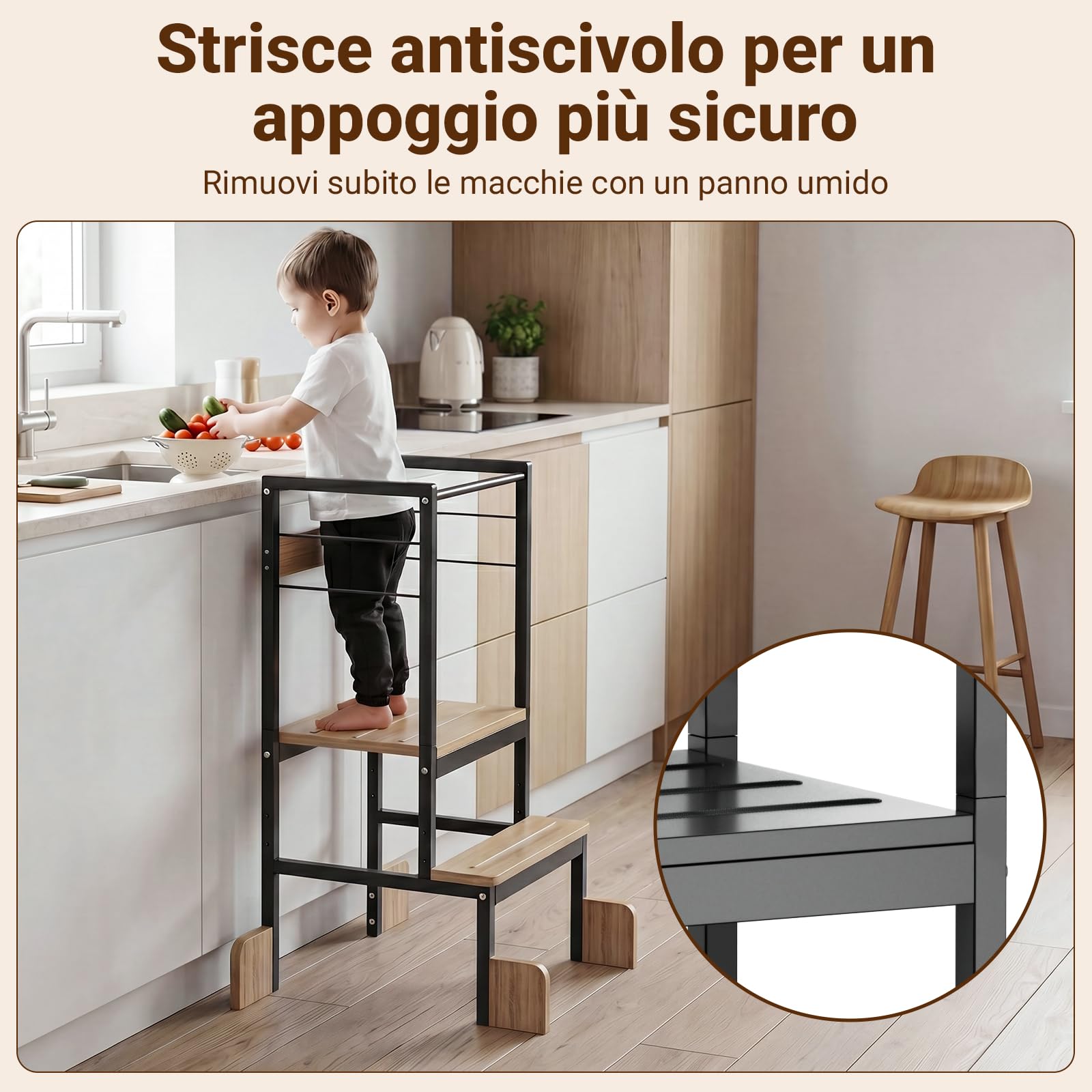COSYLAND Torre Educativa Bambini, 18 mesi-6 anni, L, Nero Naturale | Piattaforma regolabile che cresce con il bambino, gradini antiscivolo, adatta da 18 mesi-6 anni