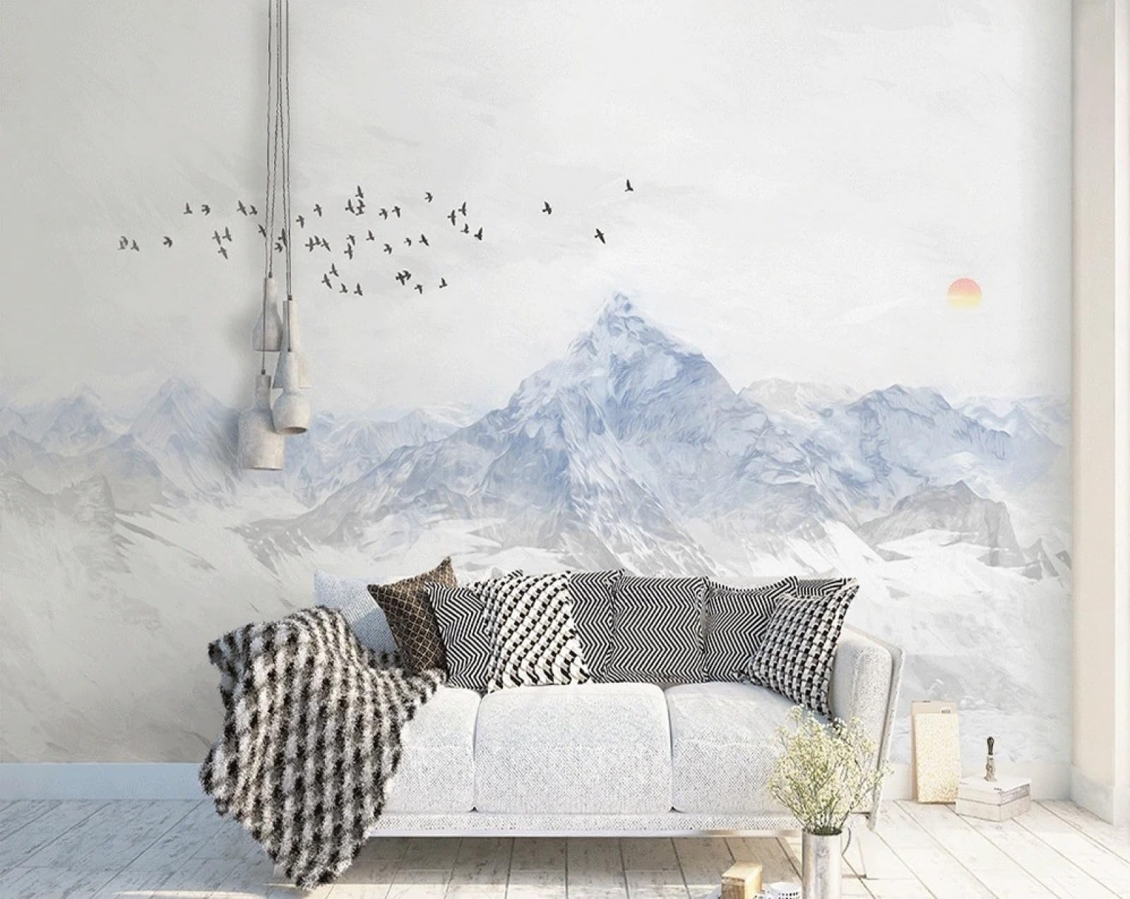 Papier peint panoramique oiseaux pour agrandir un salon sombre aux murs blancs