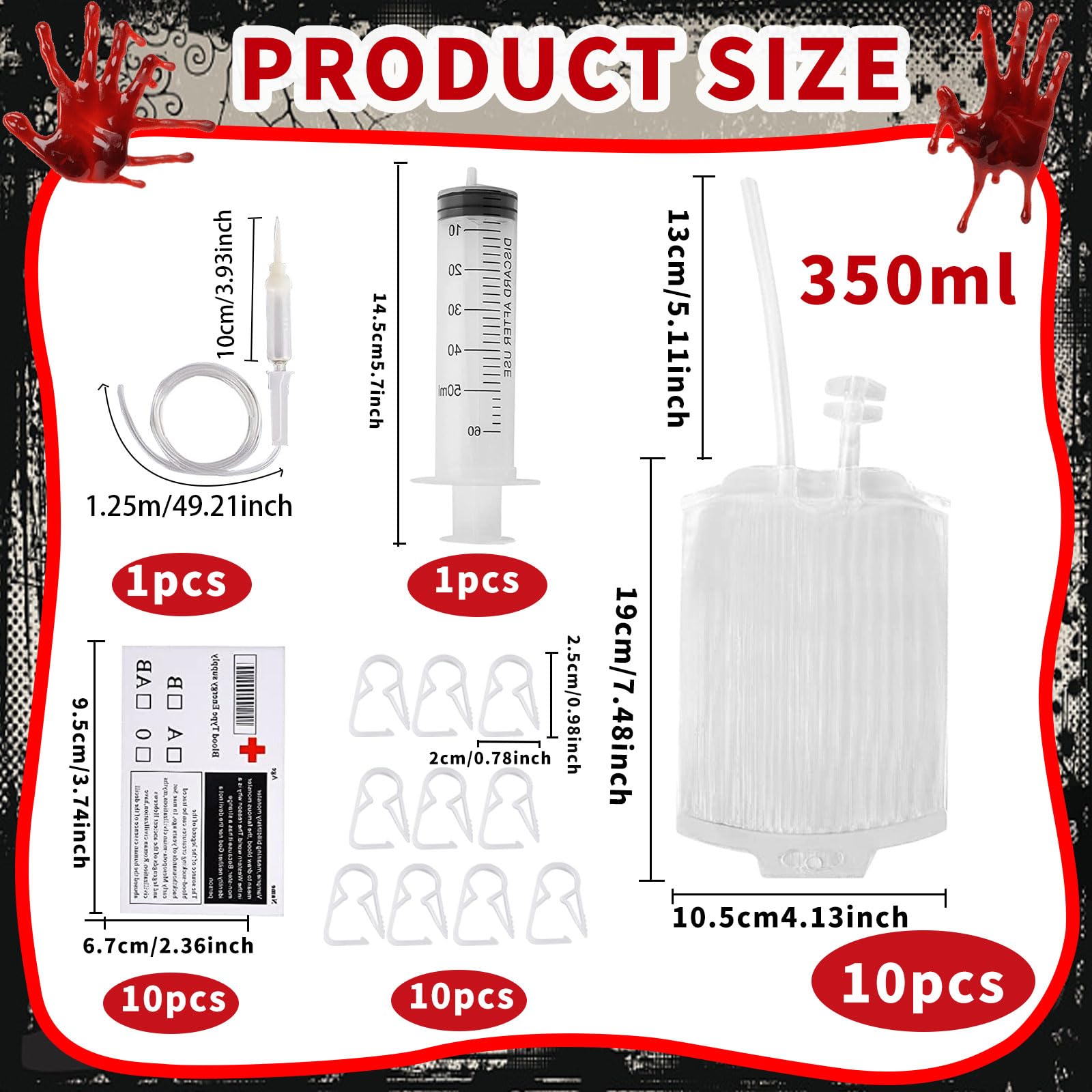 10 Halloween Blutbeutel 350 Ml – Trinkbeutel Mit Blutgruppen-Aufklebern, Spritze & Clips – Perfekt Für Zombie-Partys & Cosplay