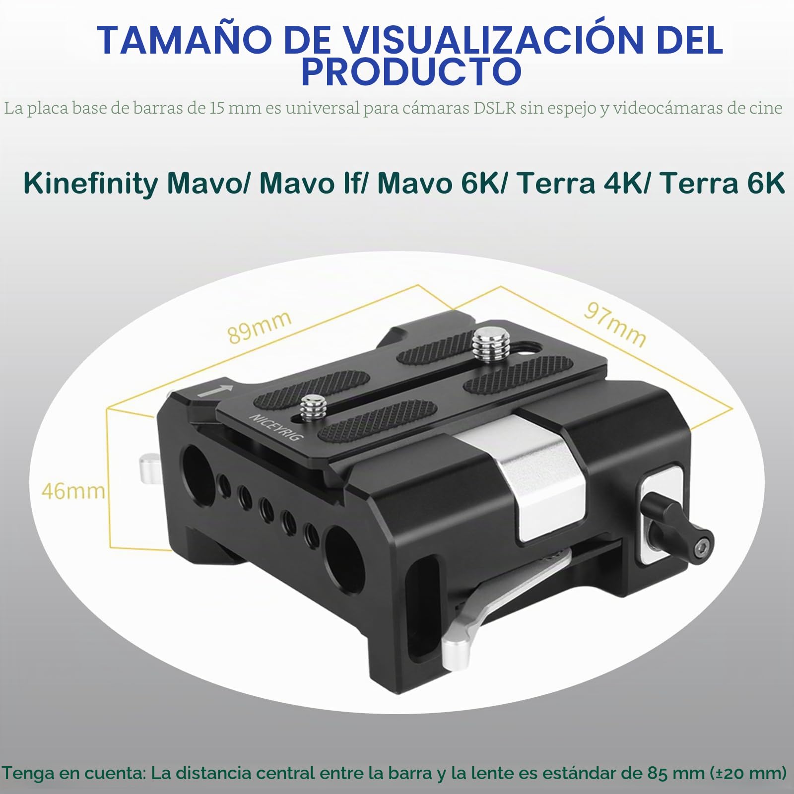 NICEYRIG Placa Base de Barra de 15 mm de liberación rápida con Cola de Milano Tipo ARRI para cámara SLR sin Espejo y videocámara de Cine aplicable Kinefinity Mavo/Terra Series
