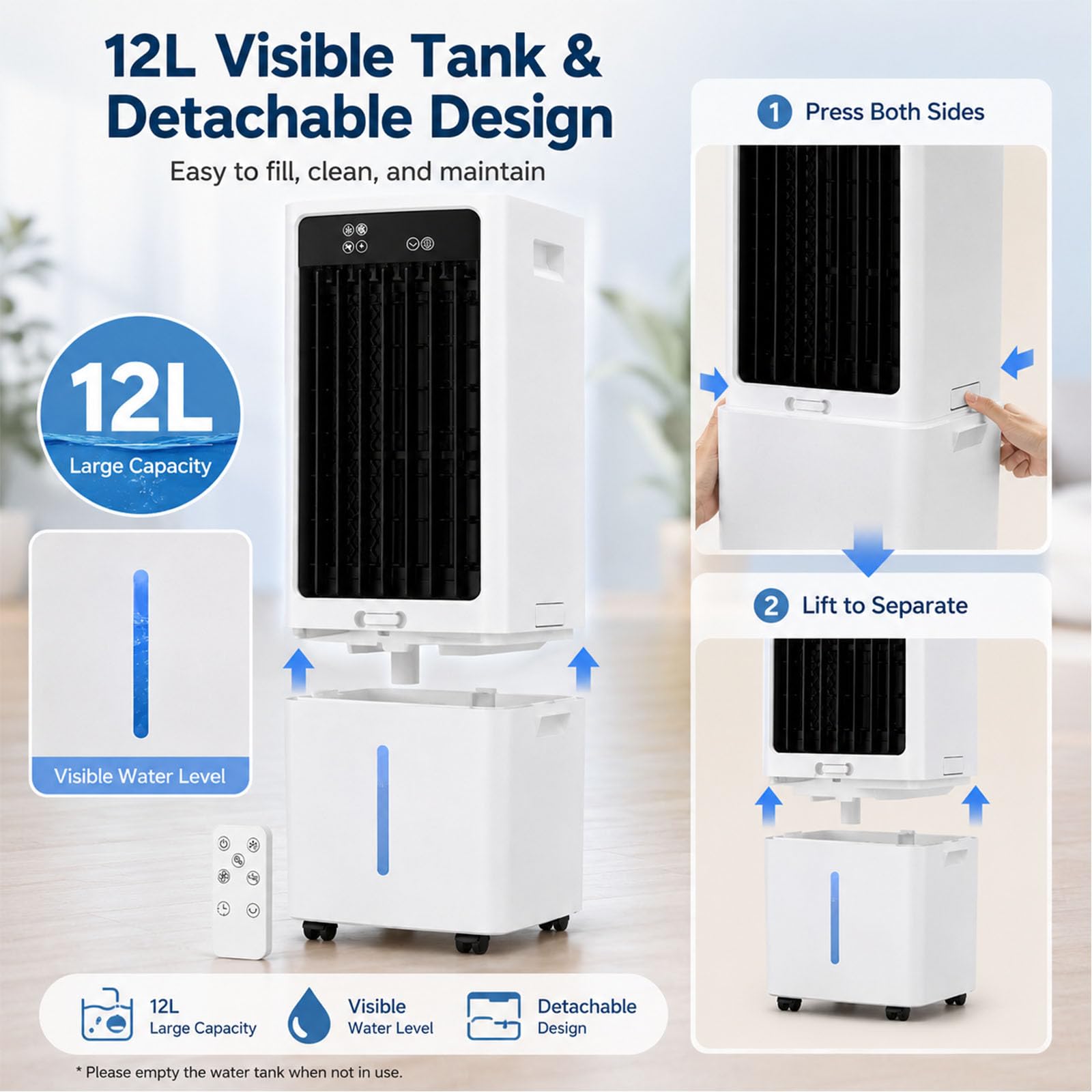 Rinfrescatore Evaporativo 12L, Ventilatore Silenzioso ad Acqua con Telecomando Slim, Climatizzatore d'Aria da Stanza con Serbatoio Estraibile, Timer 12 Ore, per Soggiorno, Letto e Mansarda