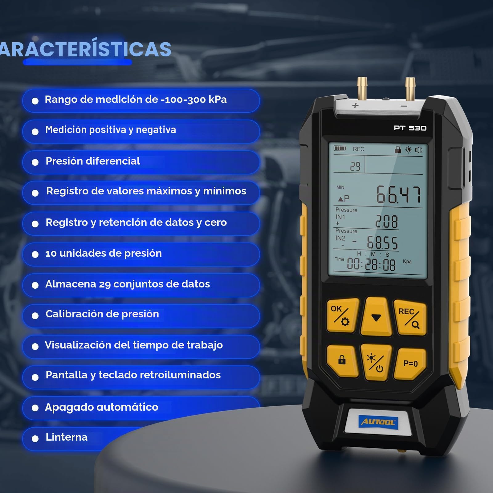 AUTOOL Manómetro de presión de gas, manómetro digital HVAC de -100 a 300 Kpa, manómetro de pieza de campo diferencial dual, bloqueo de datos y almacenamiento con parte trasera magnética, 7 accesorios